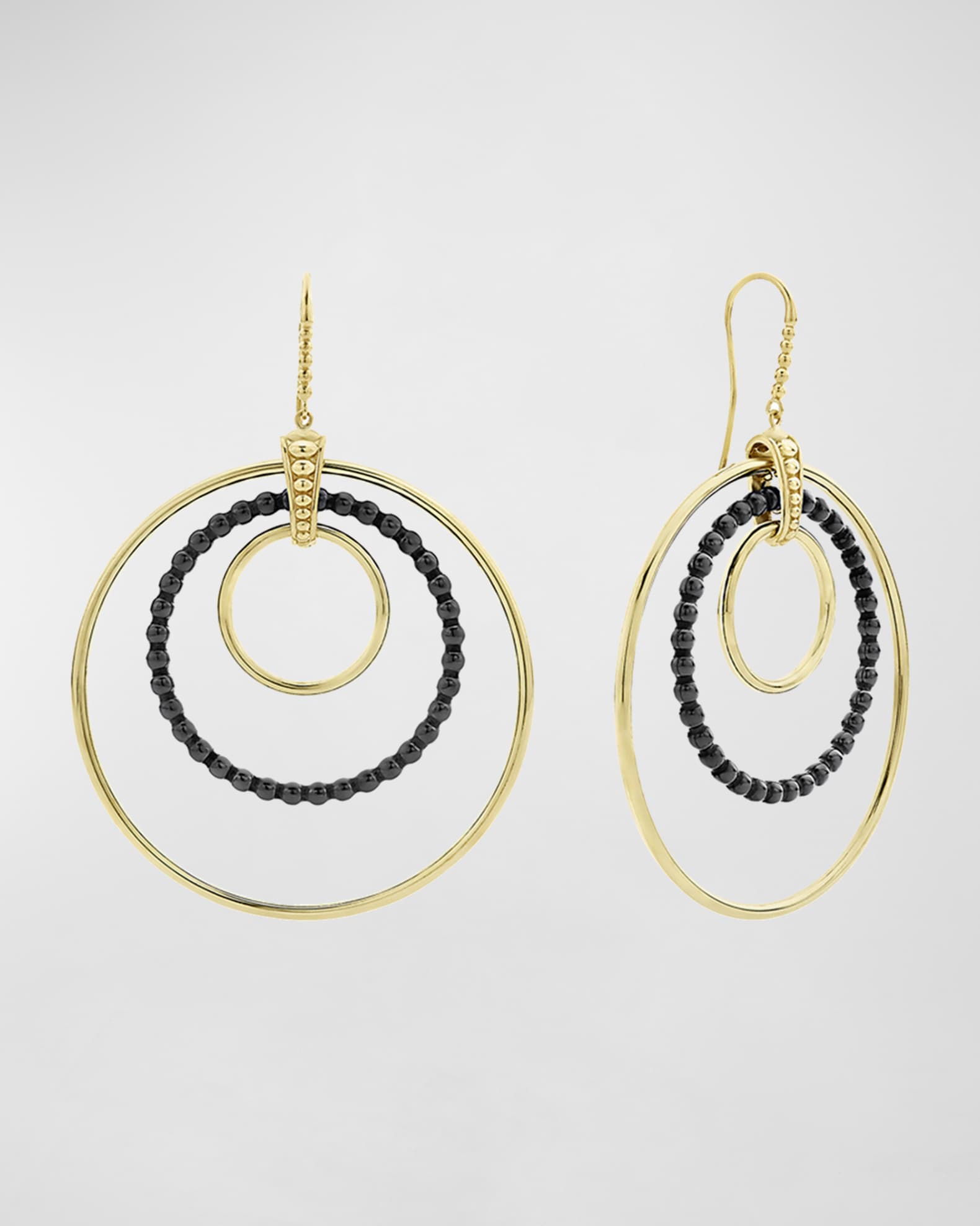 LAGOS 18k 3-Circle Chandelier Earrings w/ Black Ceramic, 80mm