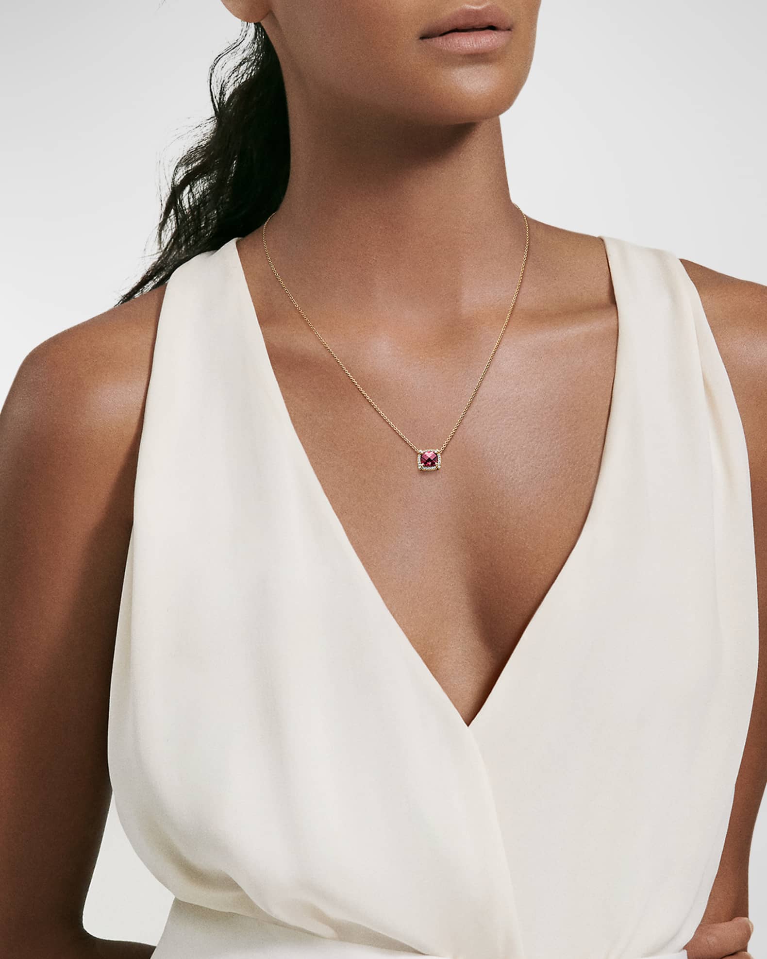 Petite Chatelaine Pave Bezel Pendant Necklace in 18K Yellow Gold with Pink Tourmaline 1