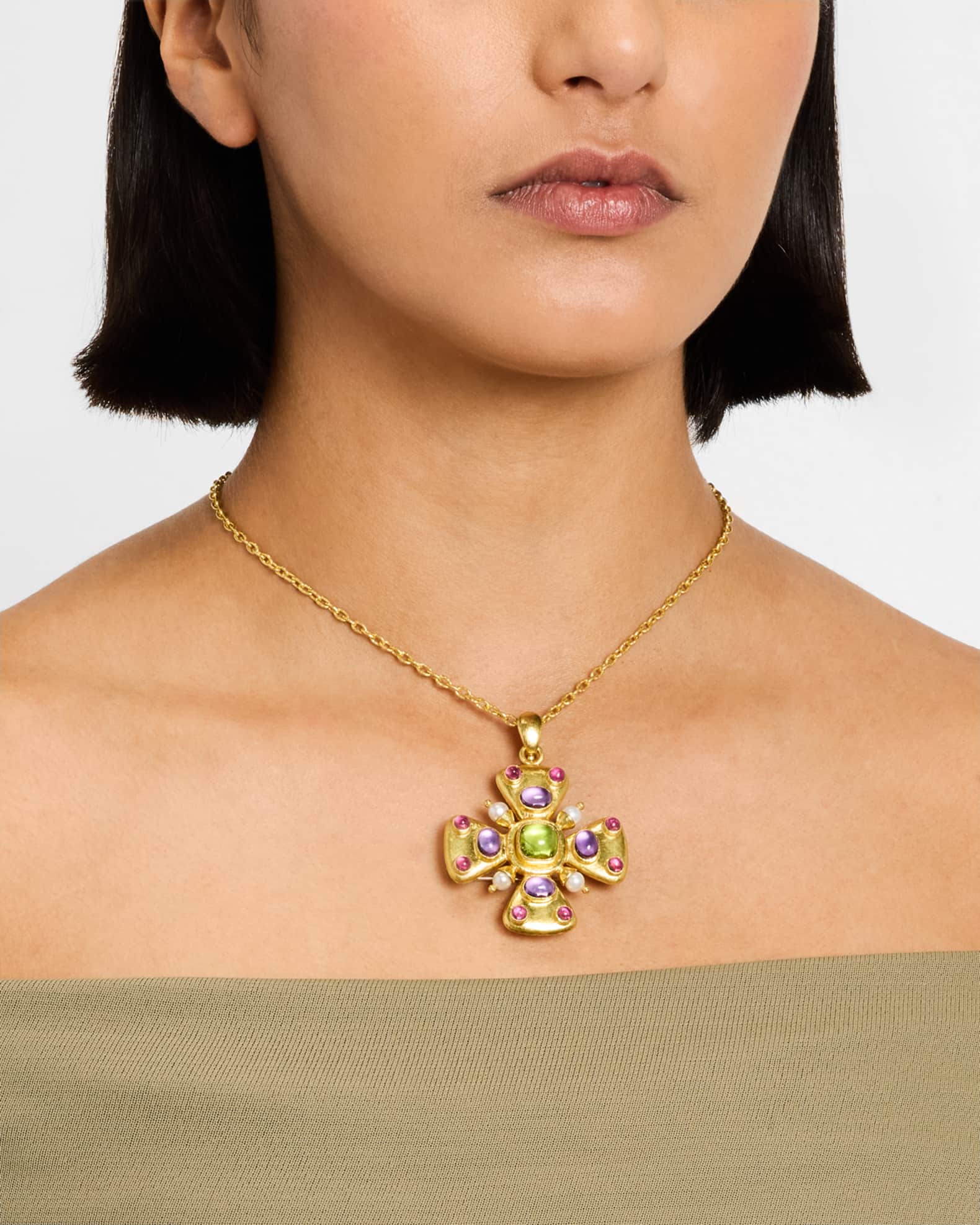 Elizabeth Locke 19k Yellow Gold Maltese Cross Sugarloaf Gemstone and