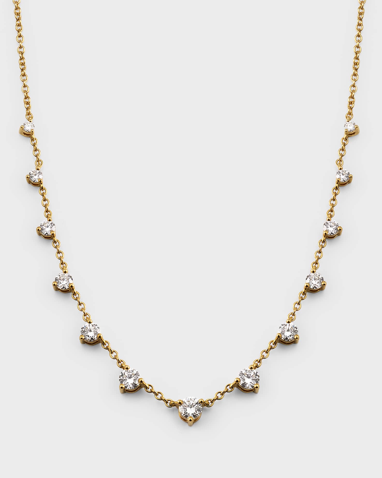 18K Yellow Gold 13 Round Diamond Three Prong Necklace, 18"L, 0.82tcw 0