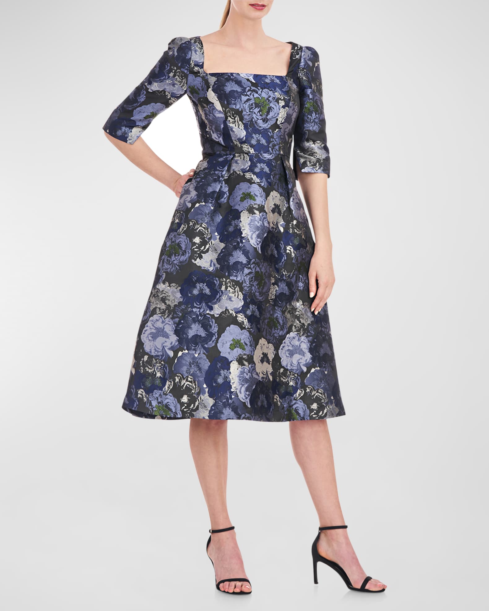 Kay Unger New York Piper Pleated Floral Jacquard Midi Dress | Neiman Marcus
