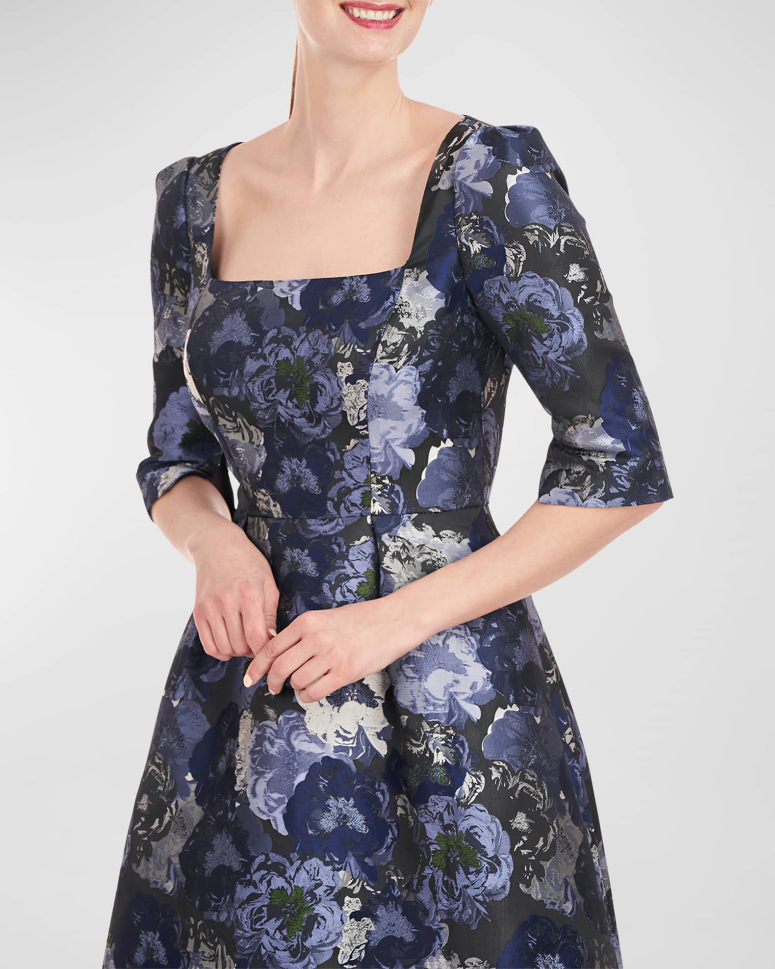 Kay Unger New York Piper Pleated Floral Jacquard Midi Dress | Neiman Marcus