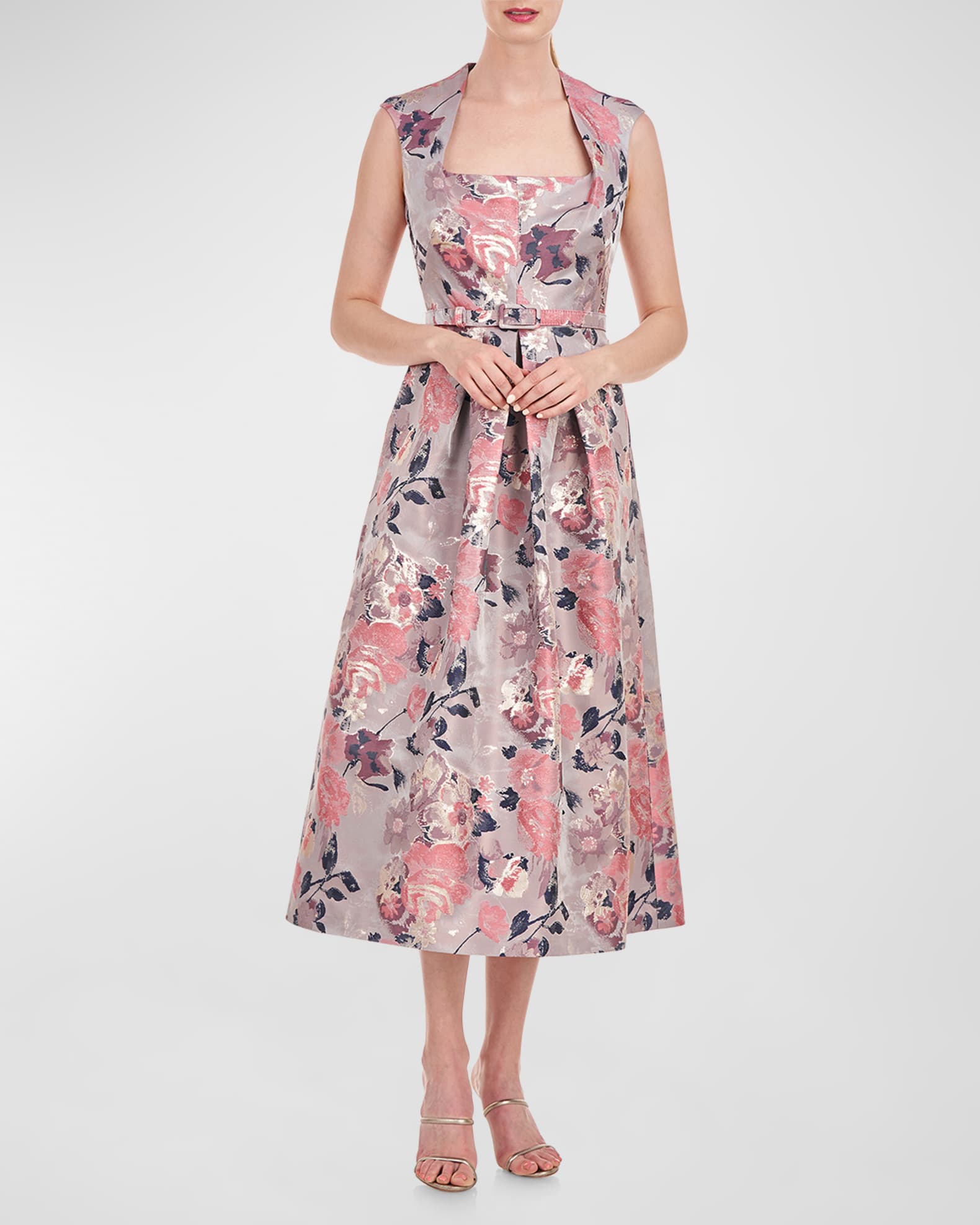 Kay Unger New York Lizabeth Pleated Floral Jacquard Midi Dress