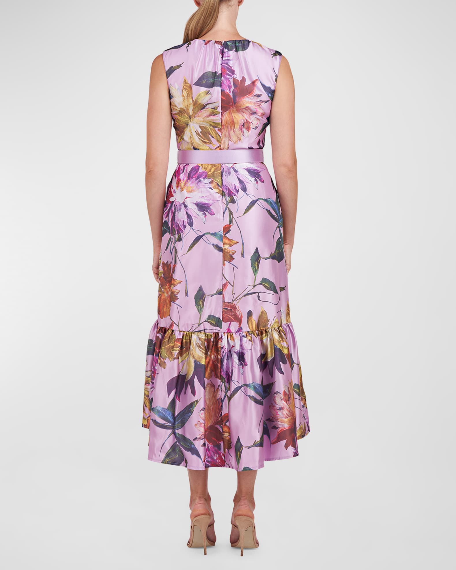 Beatrix Ruched Floral-Print High-Low Midi Dress