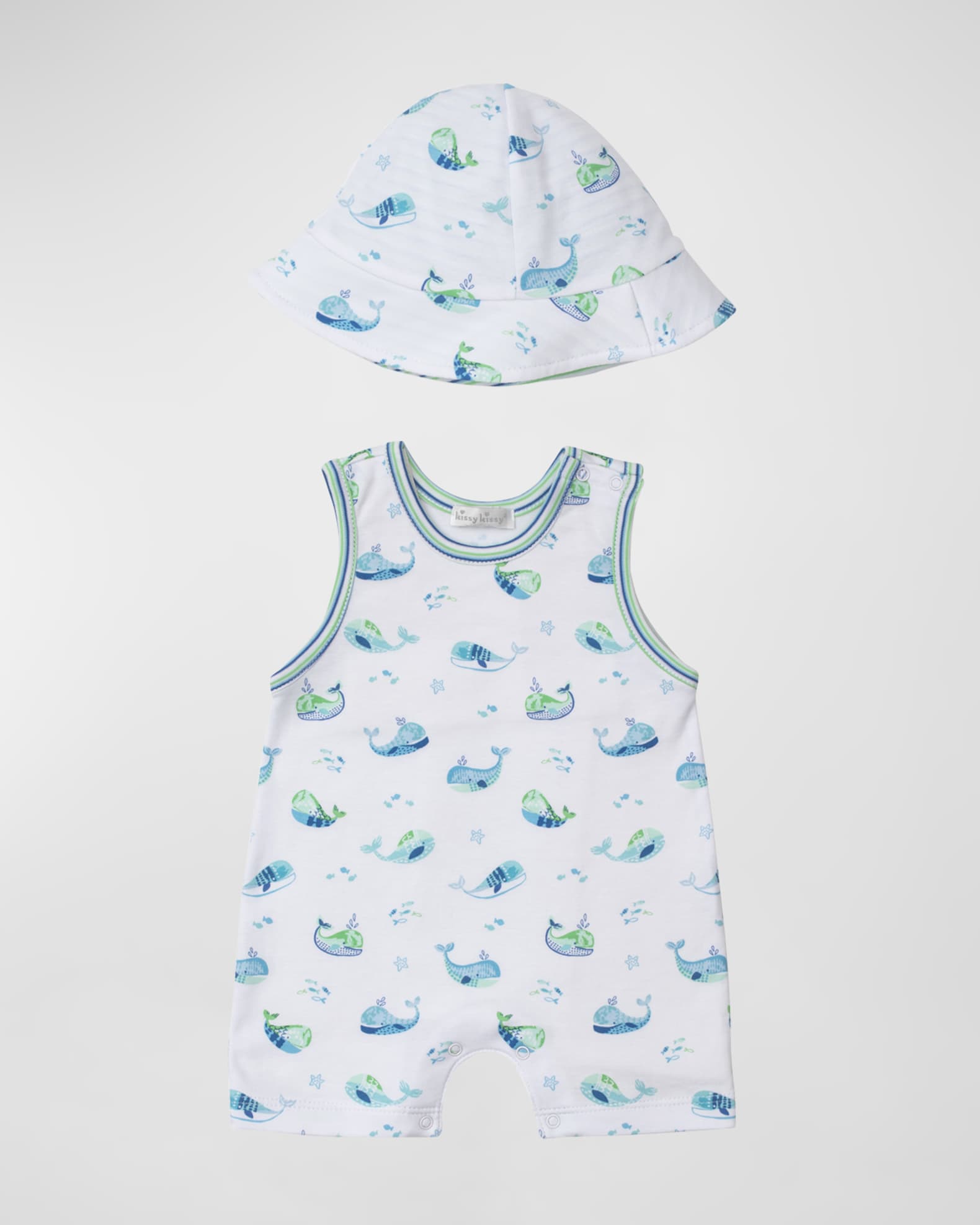 Kissy Kissy Boy's Watercolor Whales Sleeveless Playsuit and Sunhat Set, Size 3M-24M