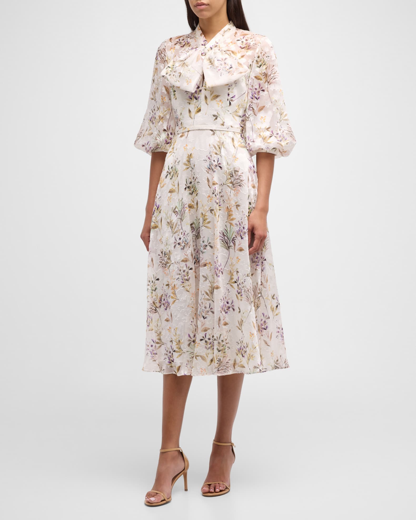 Rickie Freeman for Teri Jon Bow Front Floral Print Chiffon Midi