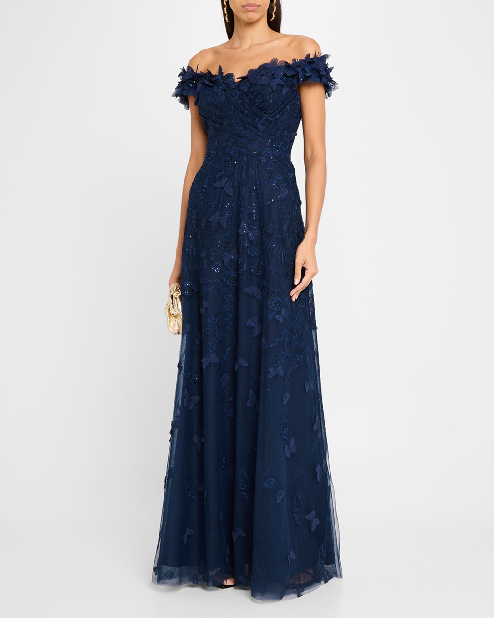 Off-Shoulder Floral-Embroidered Tulle Gown 1