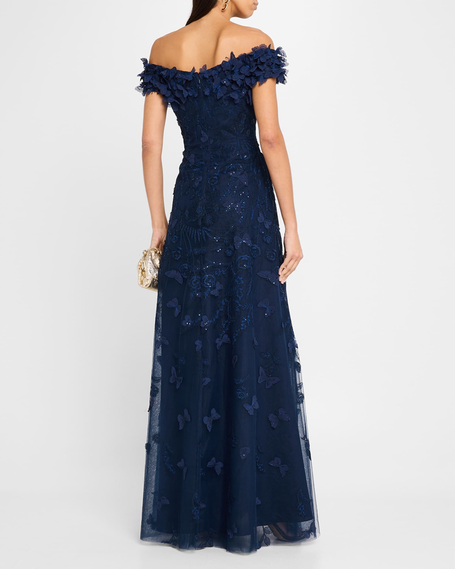 Rickie Freeman for Teri Jon Off-Shoulder Floral-Embroidered Tulle Gown |  Neiman Marcus