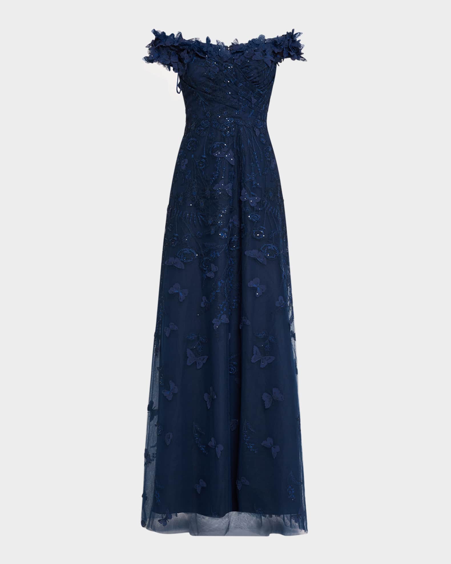 Off-Shoulder Floral-Embroidered Tulle Gown 0