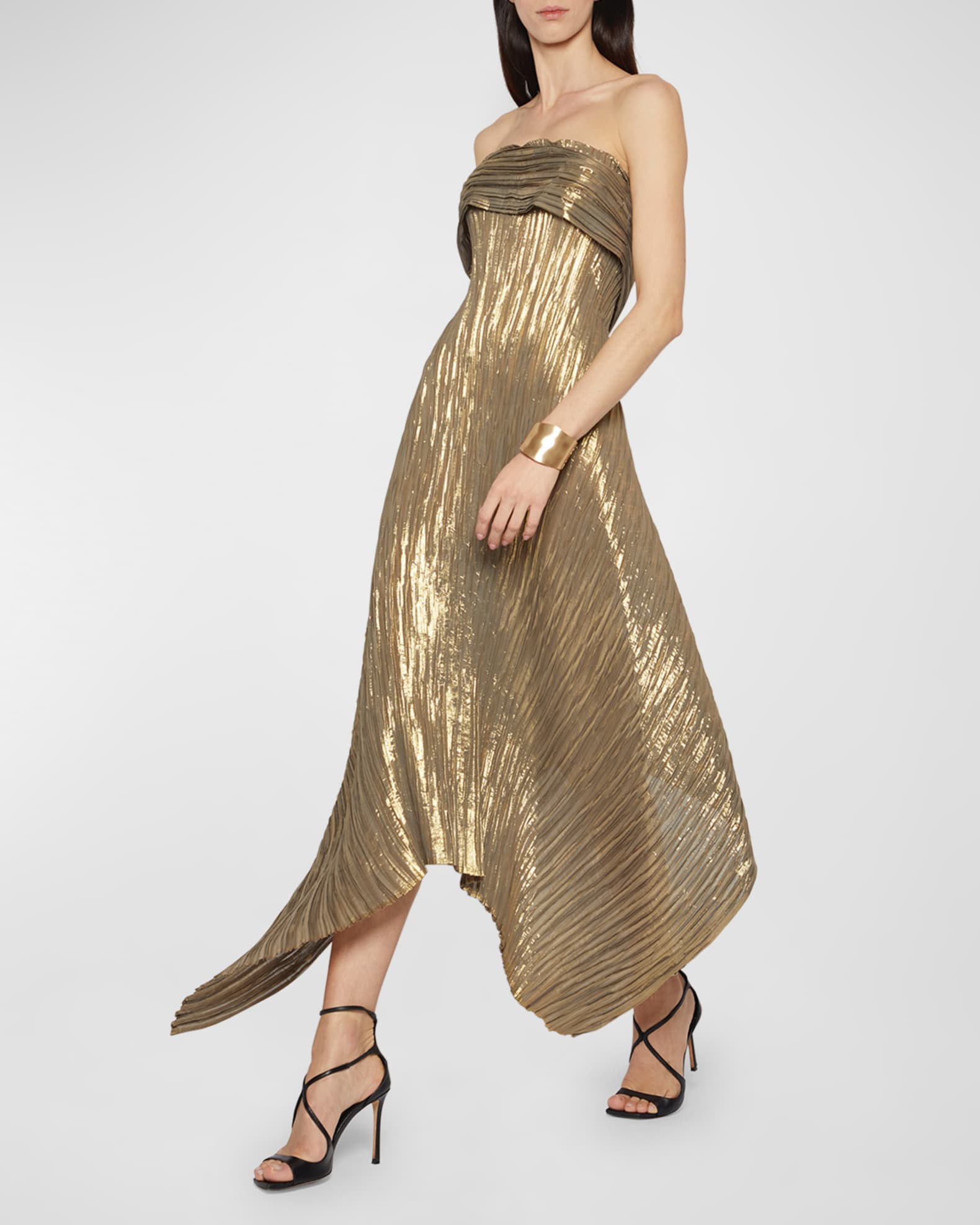 Atelier Prabal Gurung Strapless Metallic Plisse Pannier-Panel Midi Dress | Neiman Marcus