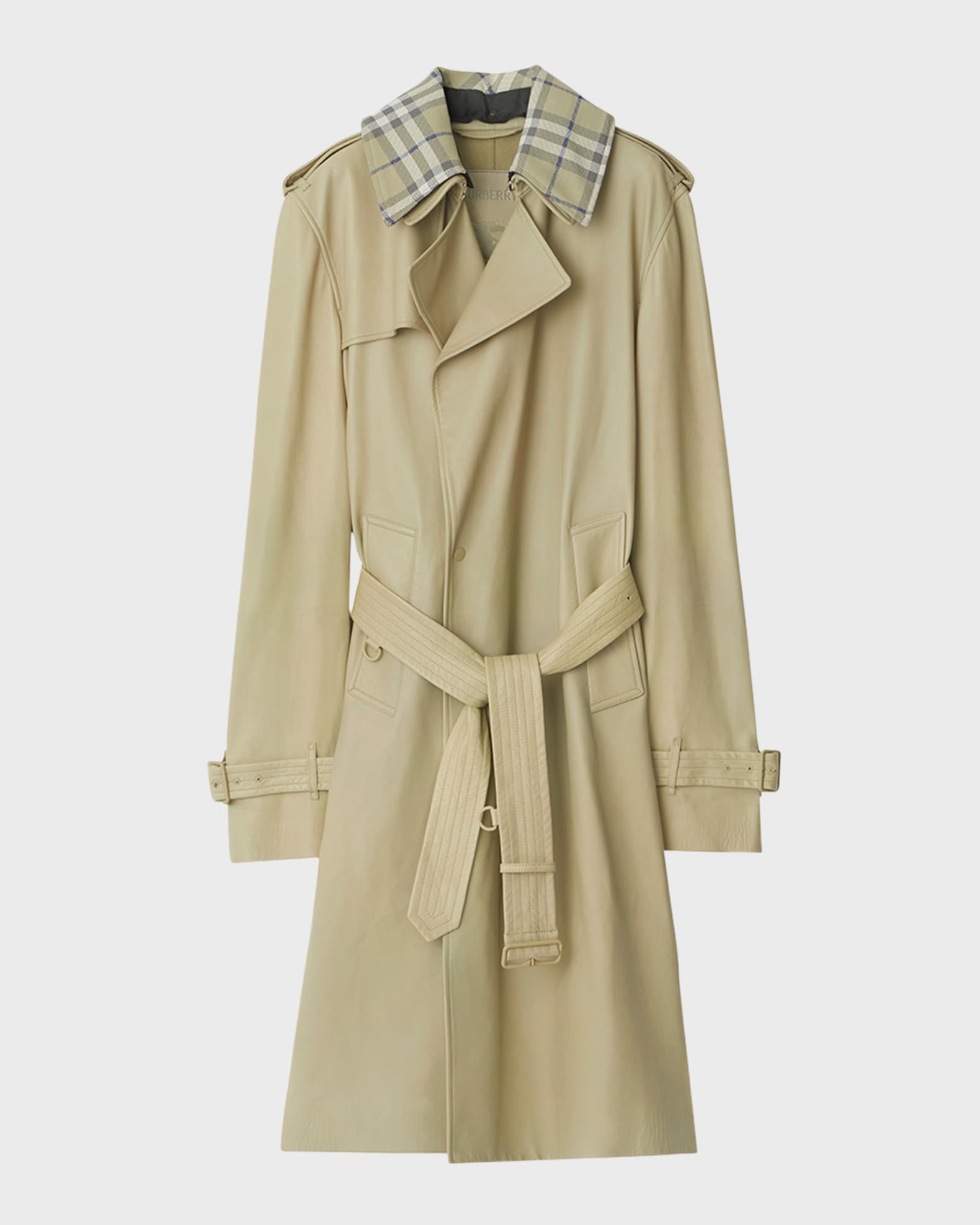 Leather Trench Coat with Check Collar