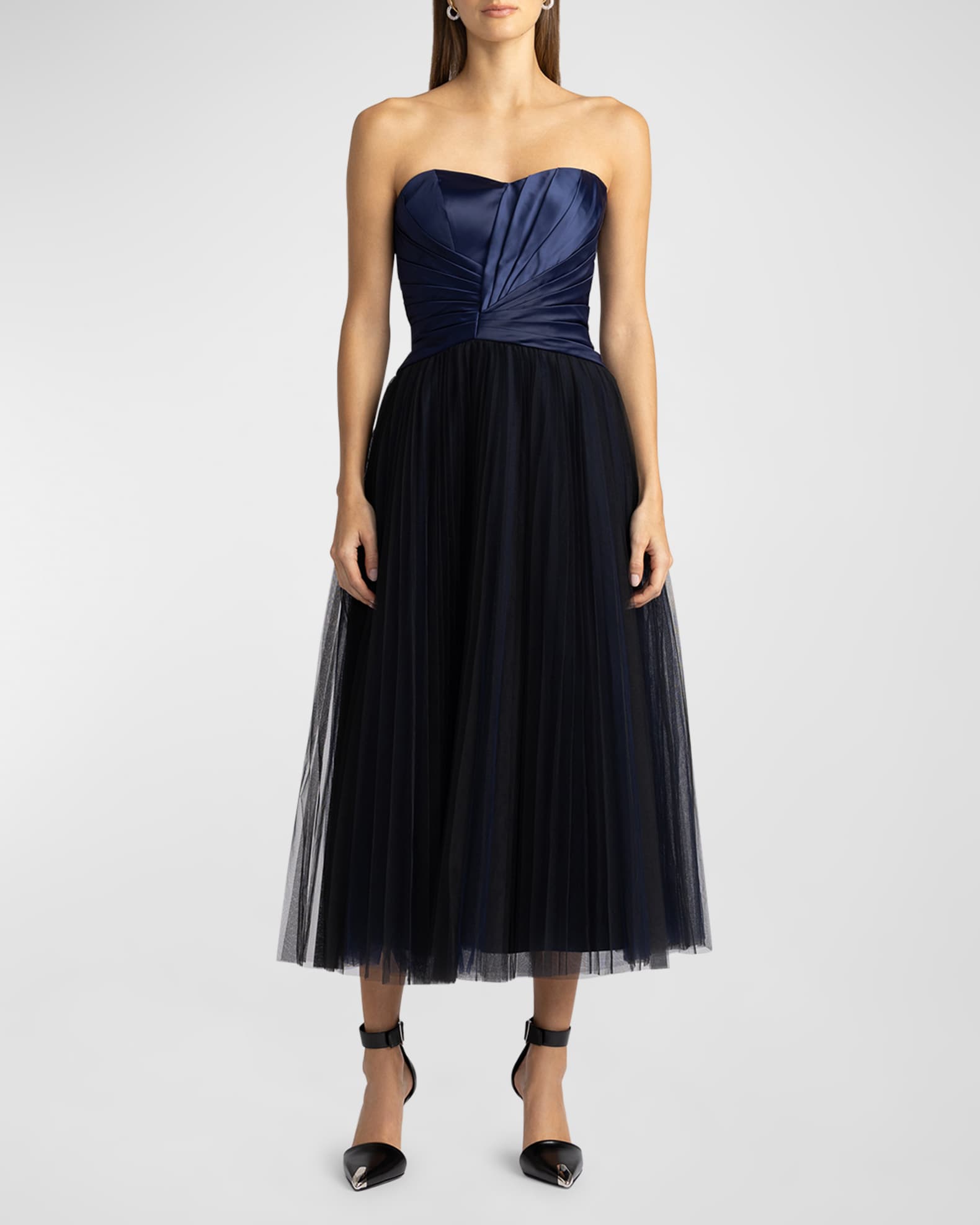 Zac Posen Strapless Pleated Tulle Midi Dress | Neiman Marcus