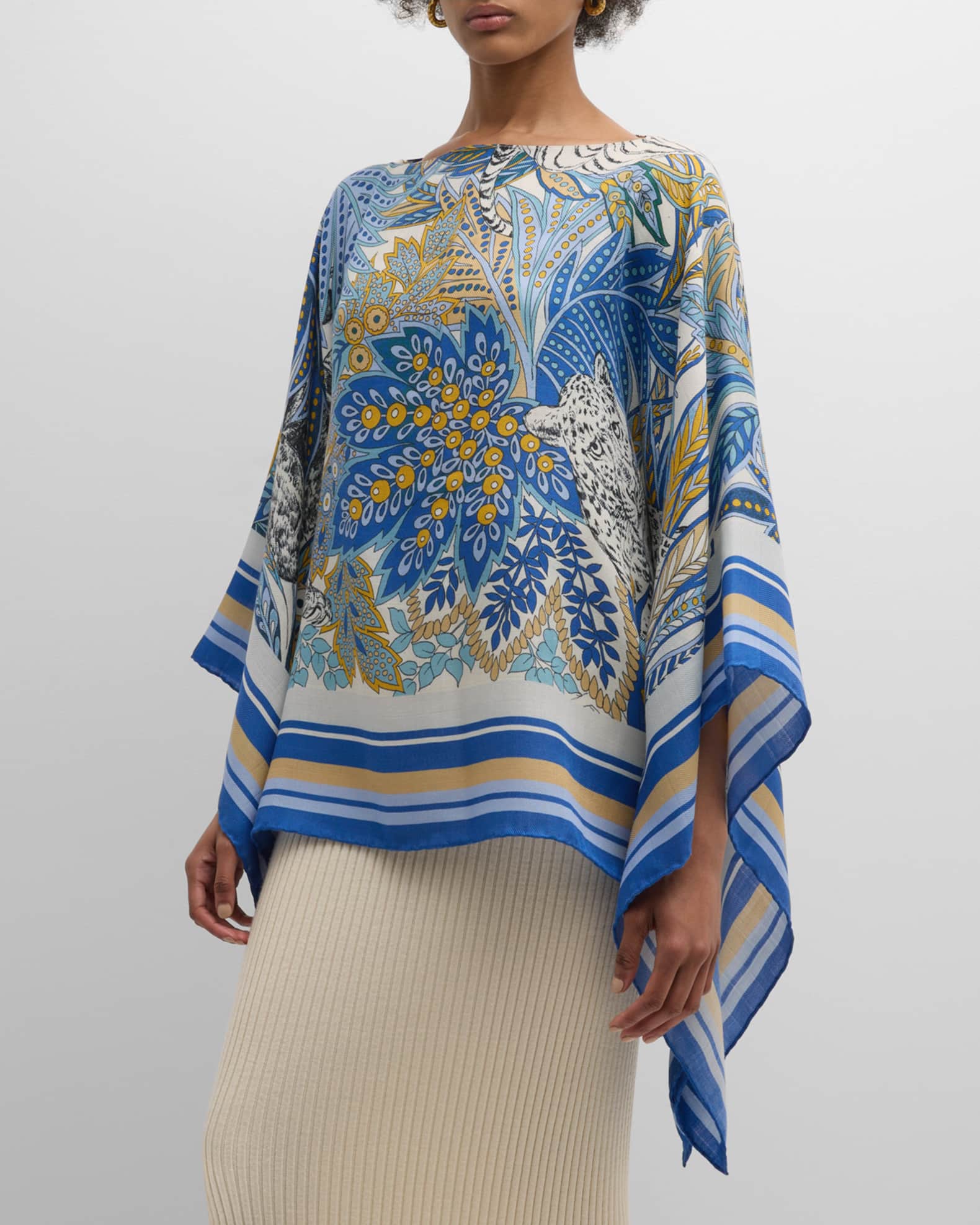 Amazonia Cobalt Print Cashmere-Blend Poncho  1