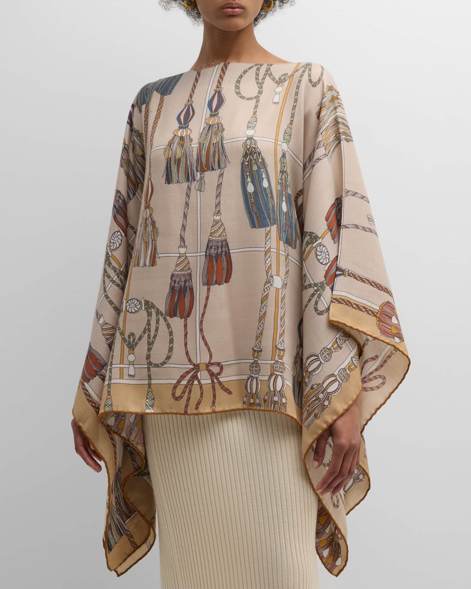 Remini Beige Print Cashmere-Blend Poncho  1