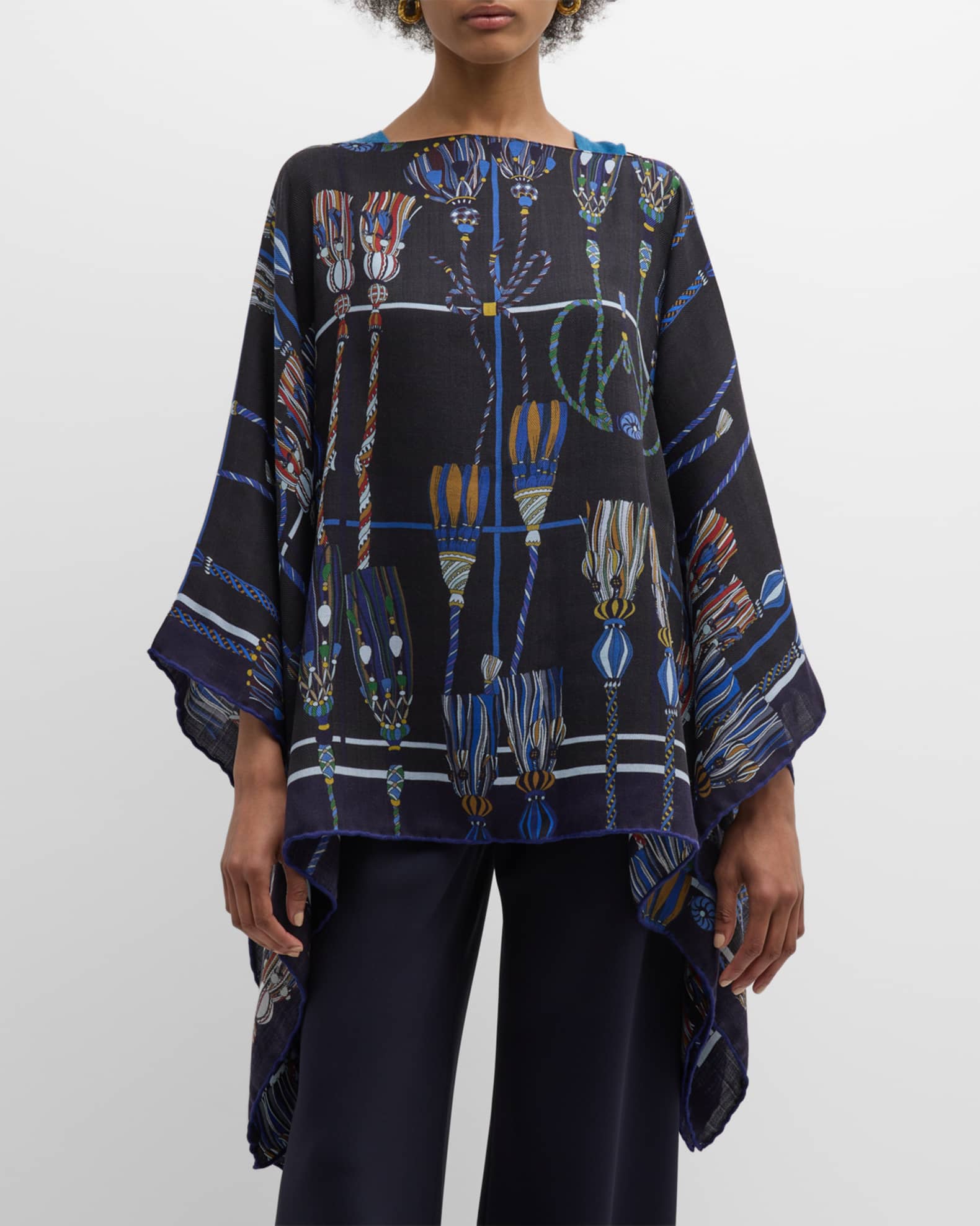 Remini Navy Print Cashmere-Blend Poncho  1