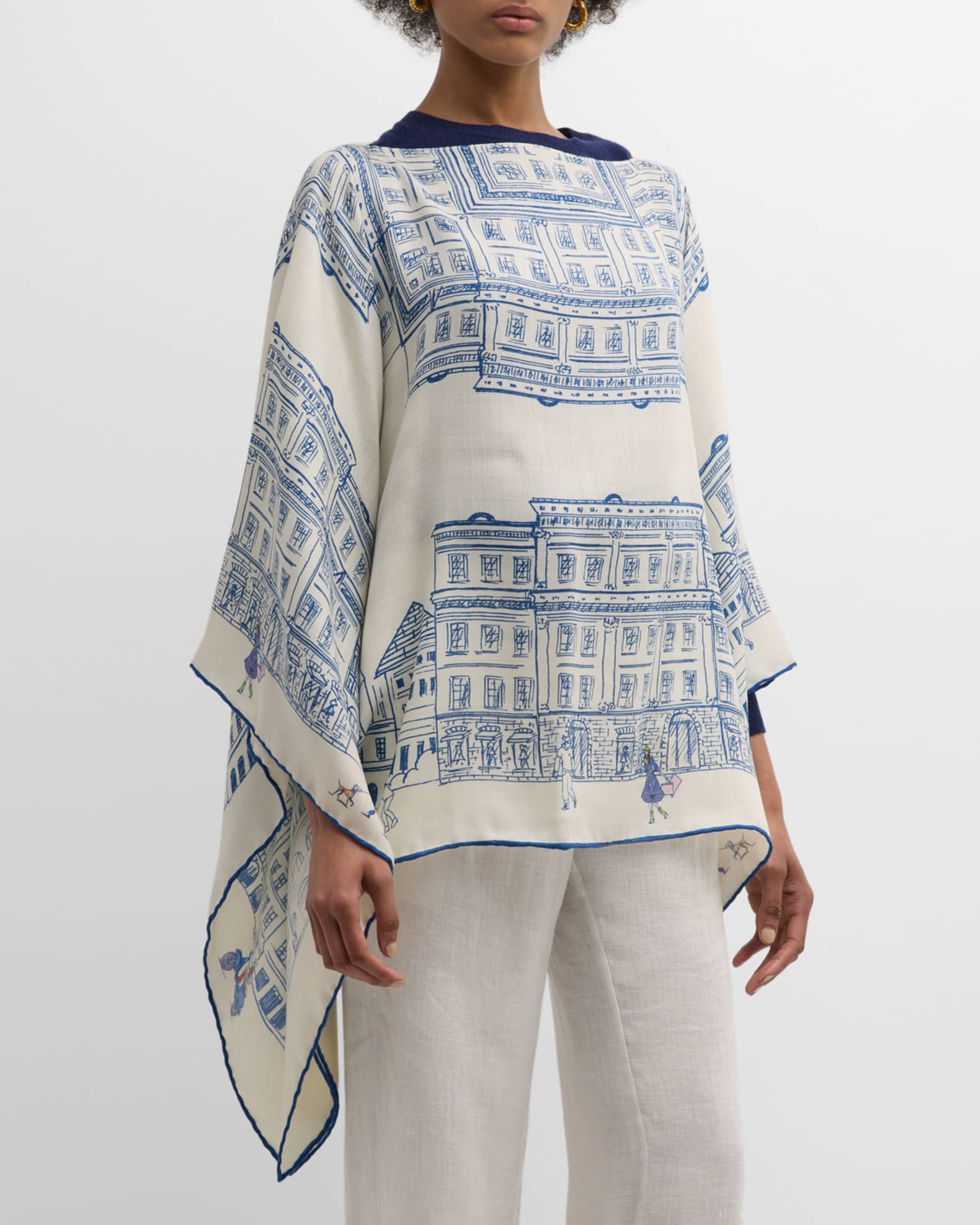 Asti Light Blue Print Cashmere-Blend Poncho  1