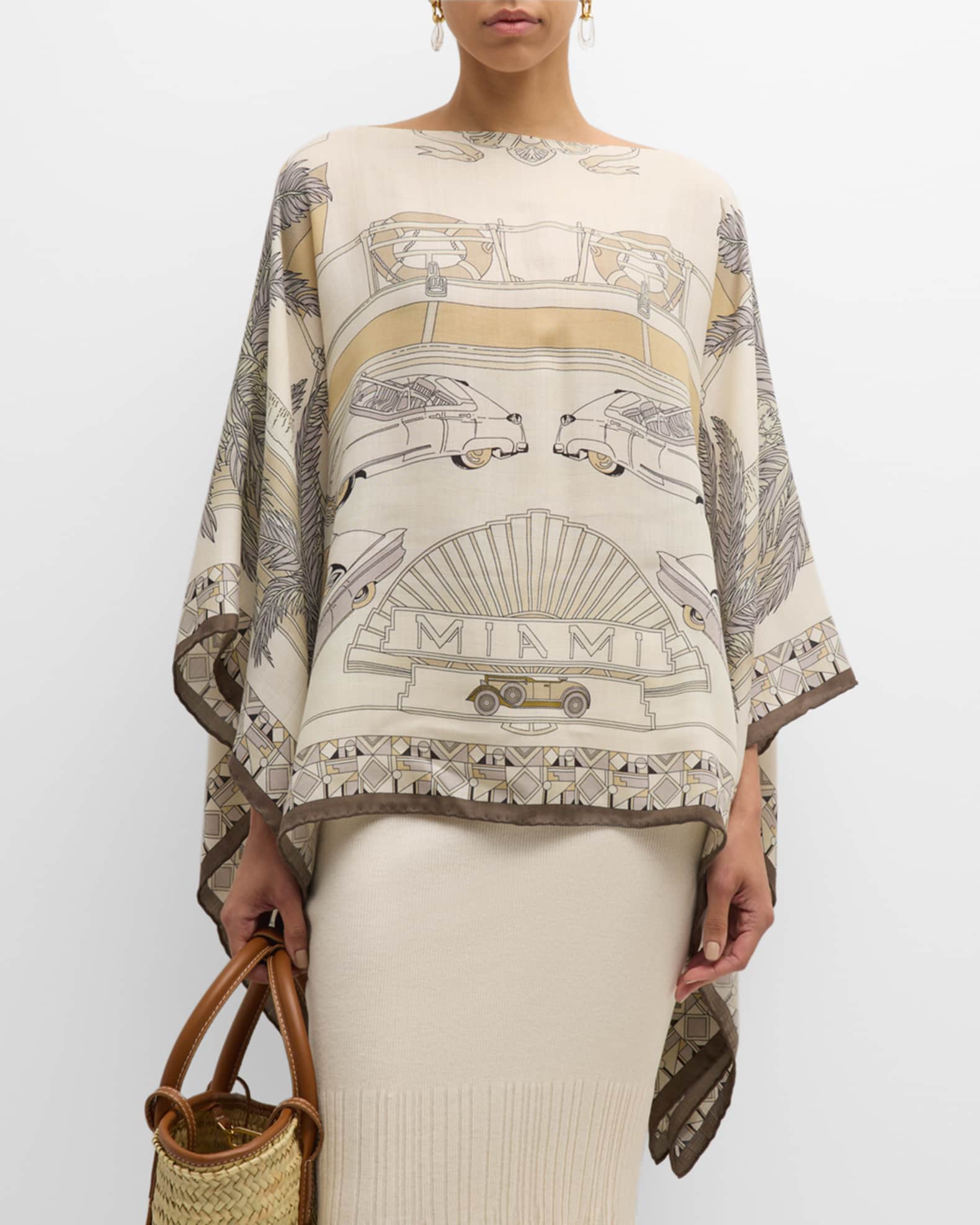Miami Taupe Print Cashmere-Blend Poncho  1