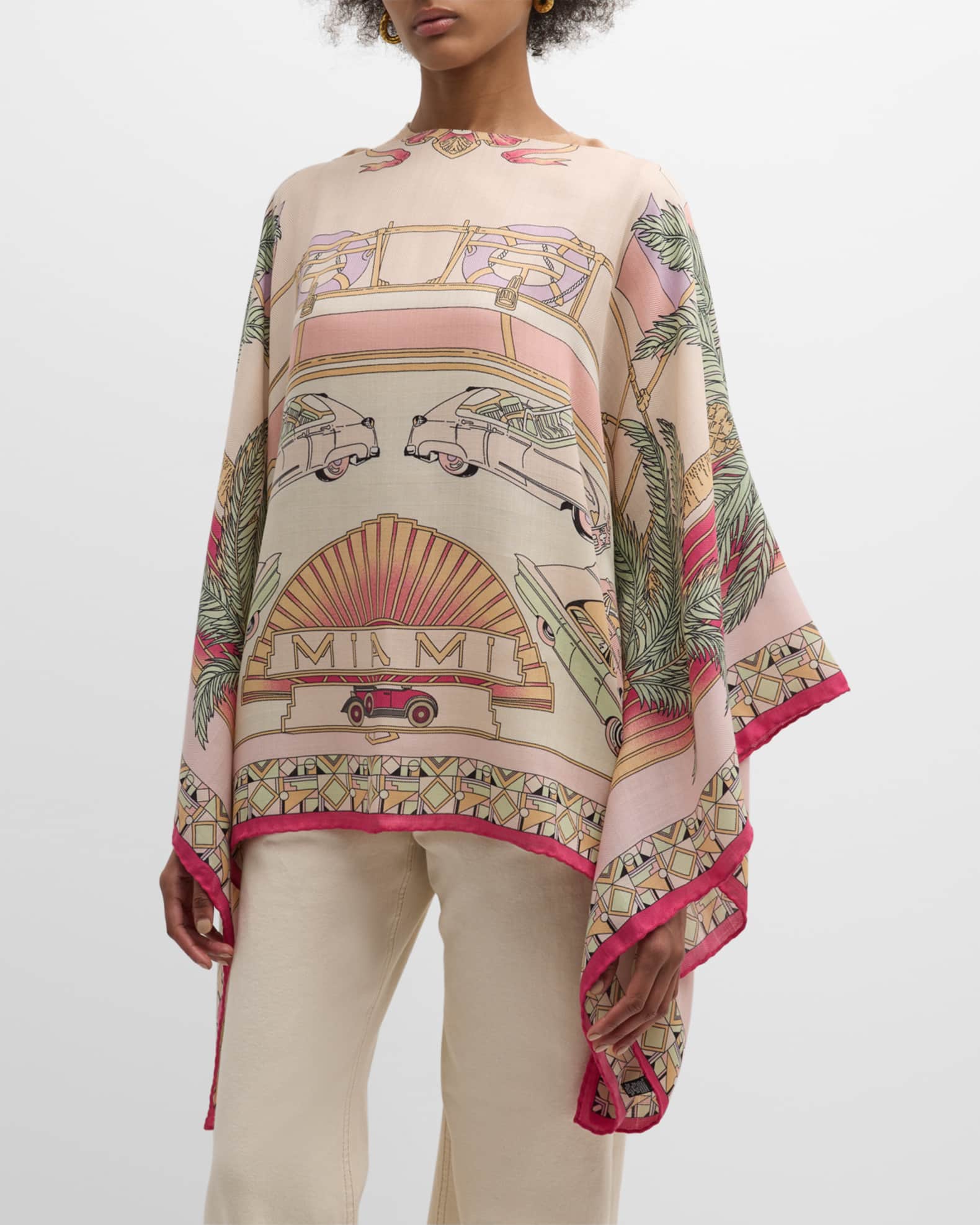 Miami Pink Print Cashmere-Blend Poncho  1