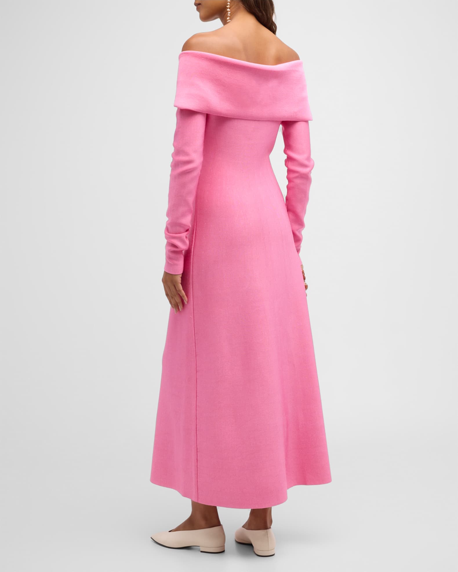 Off The Shoulder Long Sleeve Button Front Midi Dress