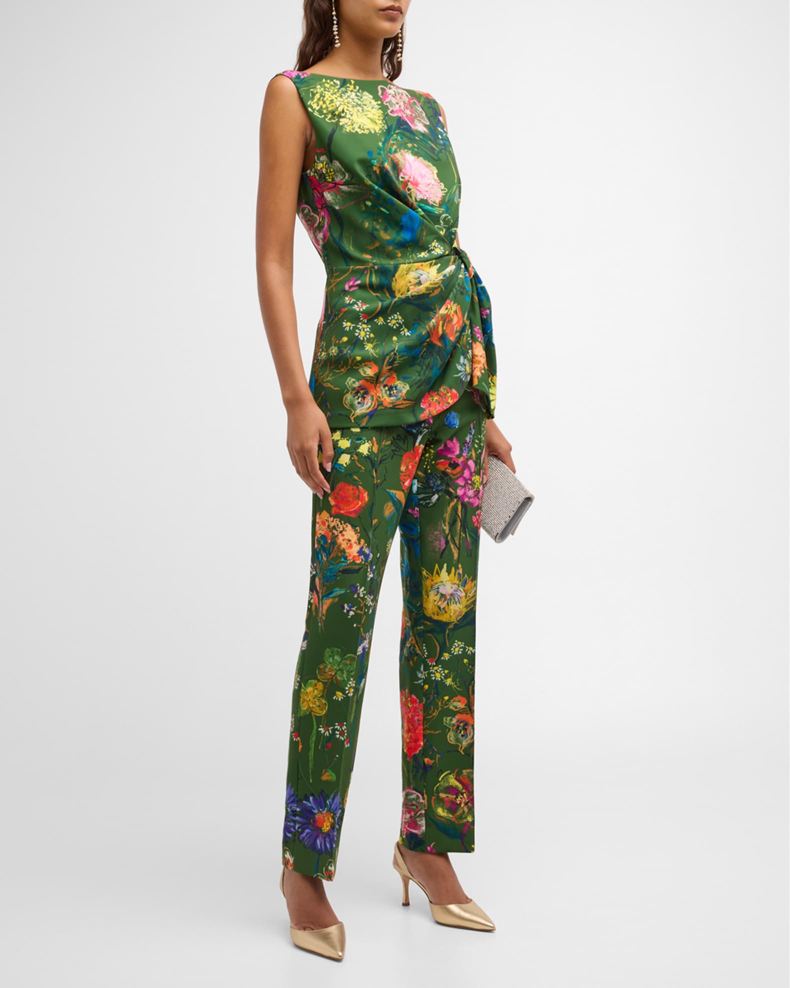 Floral-Print Boat-Neck Sleeveless Draped Top 1