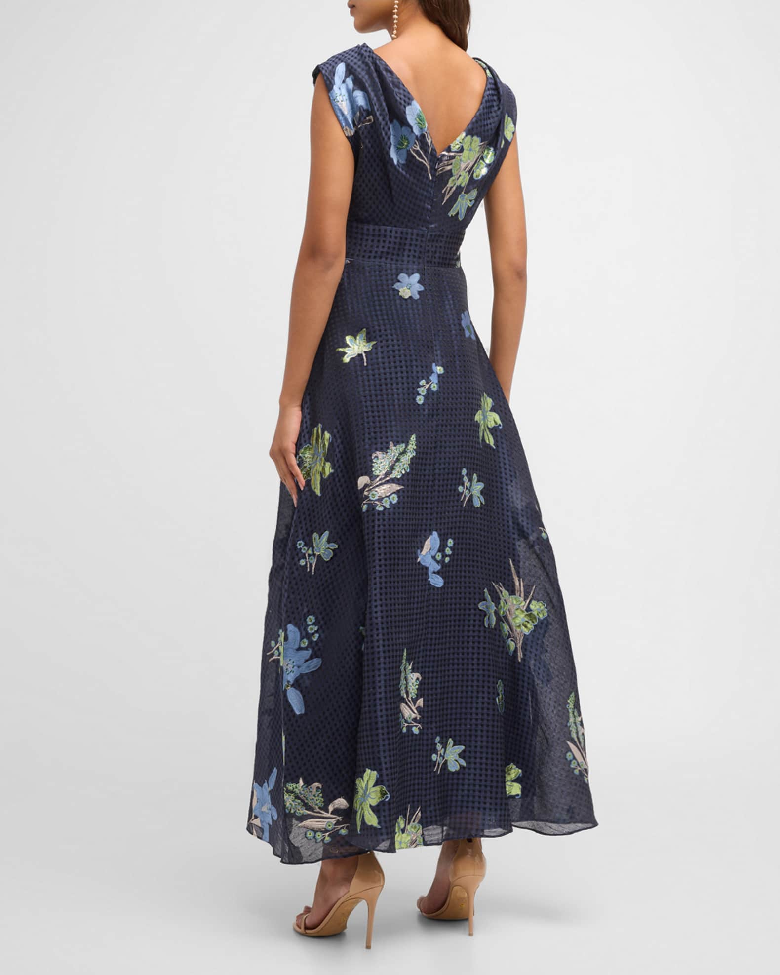 Lela Rose V Neck Metallic Floral Gingham Jacquard Midi Dress Neiman Marcus