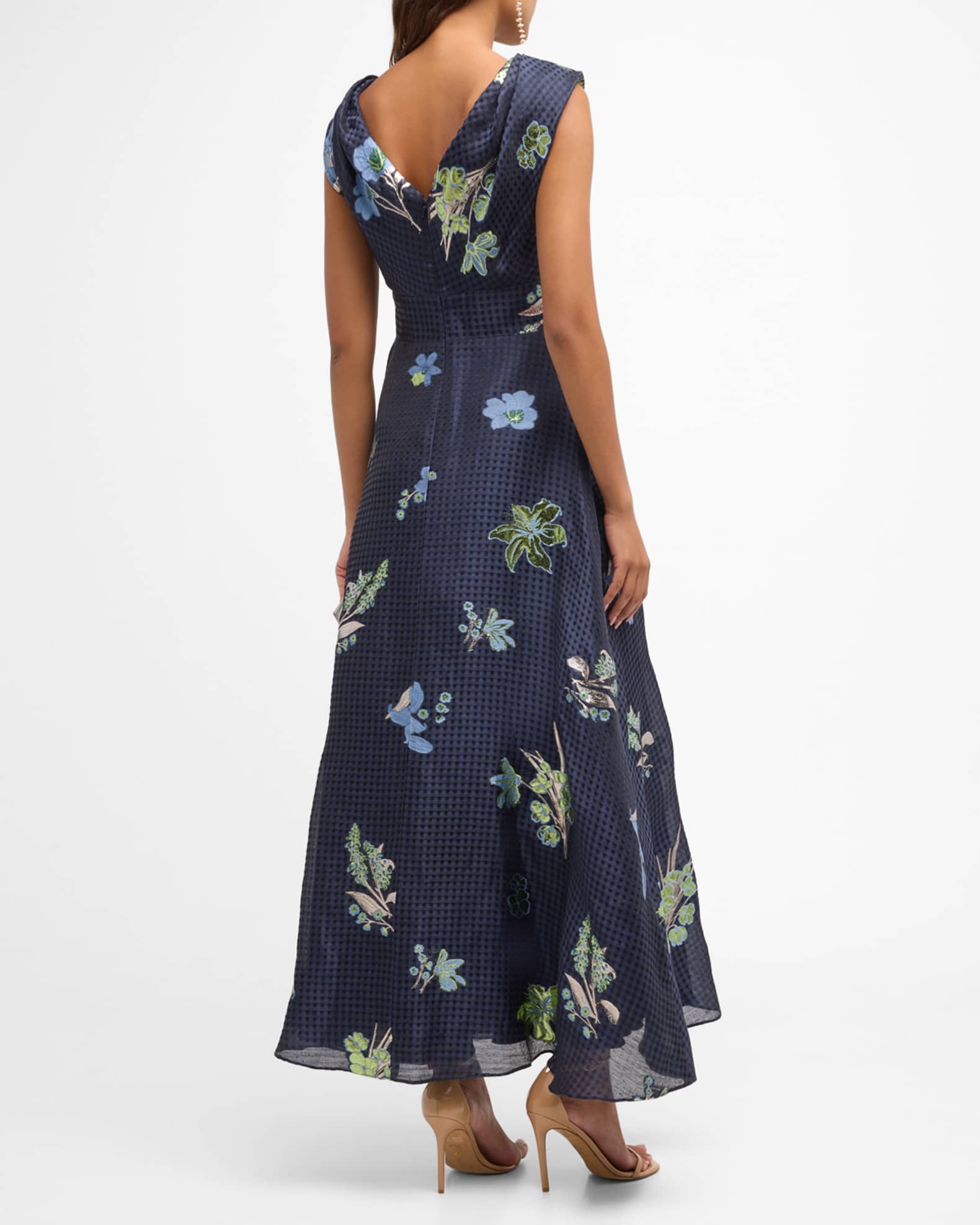 Lela Rose V Neck Metallic Floral Gingham Jacquard Midi Dress Neiman Marcus