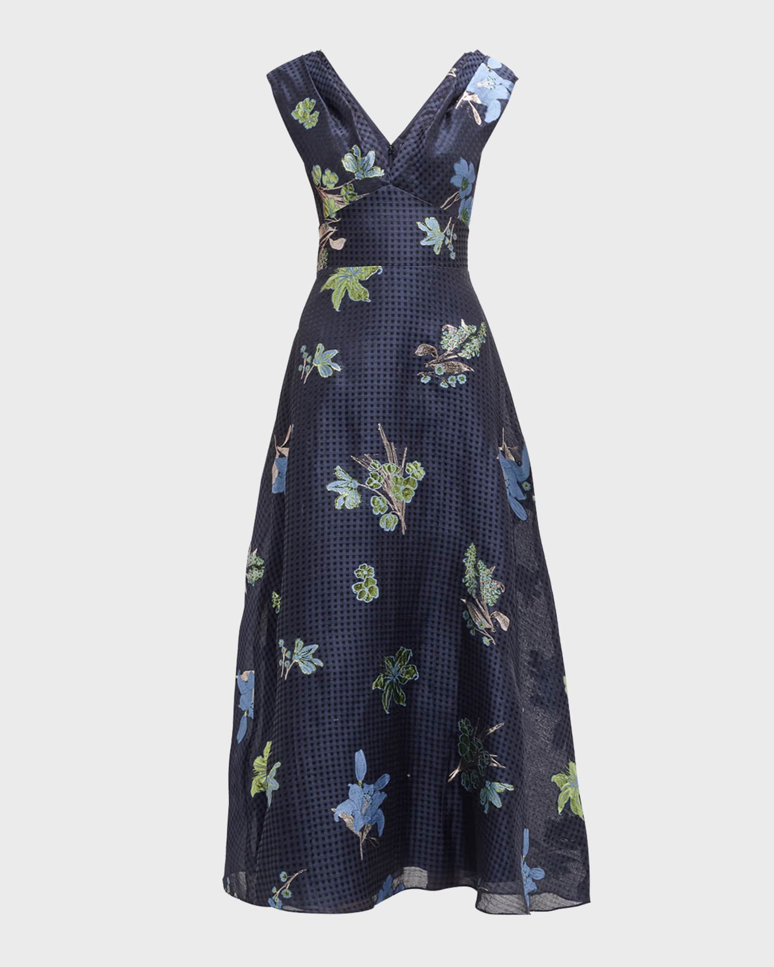 V Neck Metallic Floral Gingham Jacquard Midi Dress