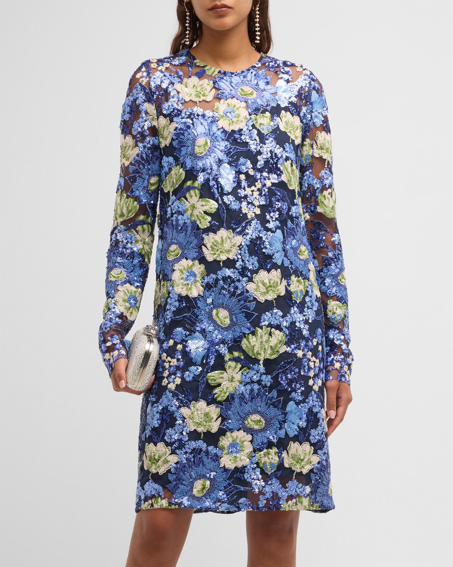 Robe Ajustée Jacquard LELA ROSE Bleu Marine Taille 4 - Neuve Avec étiquettes - Motif Floral Extensible - Manches Longues