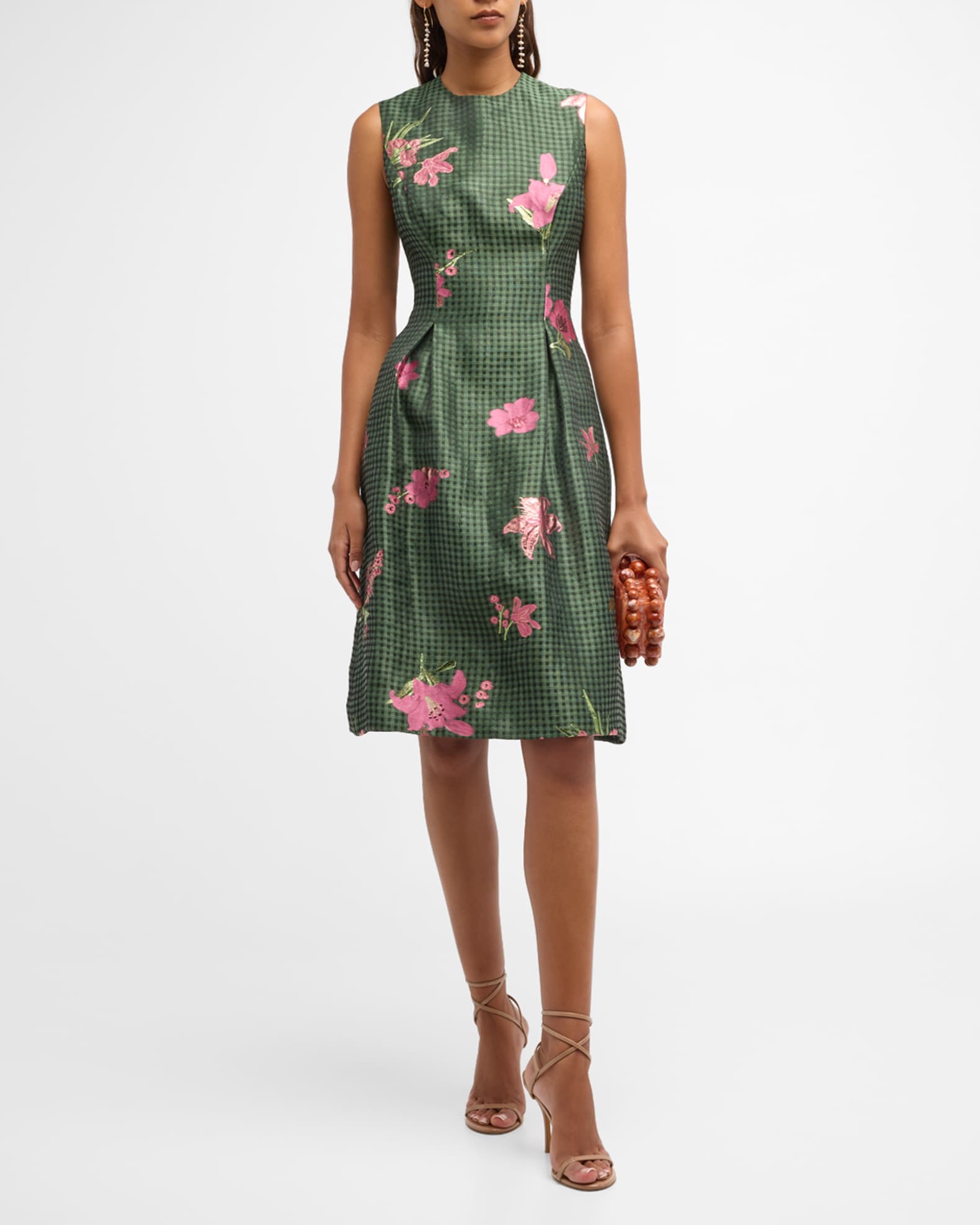 Betsy Metallic Floral Gingham Jacquard Sleeveless Dress
