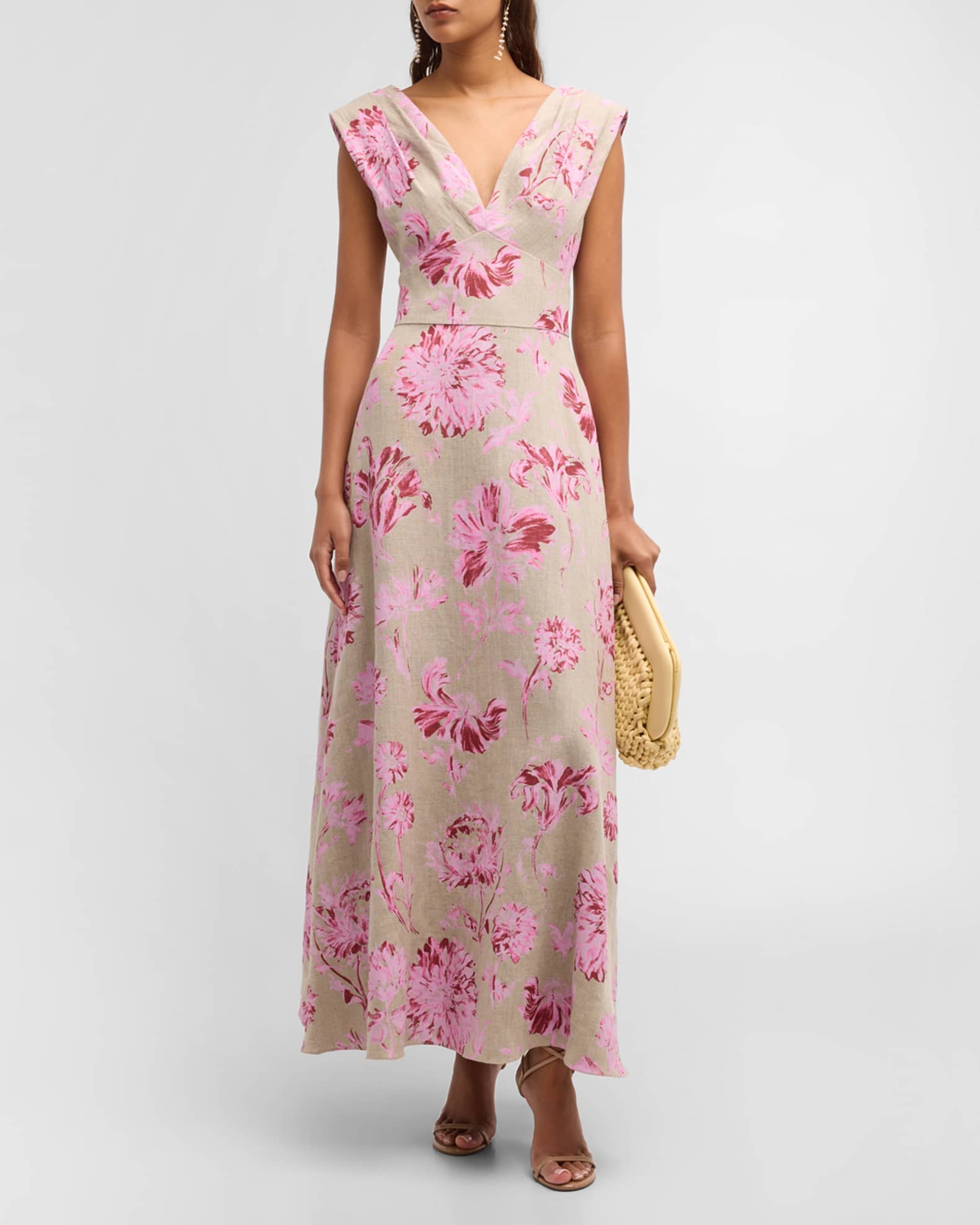 V Neck Floral Print Sleeveless Empire Waist Maxi Dress