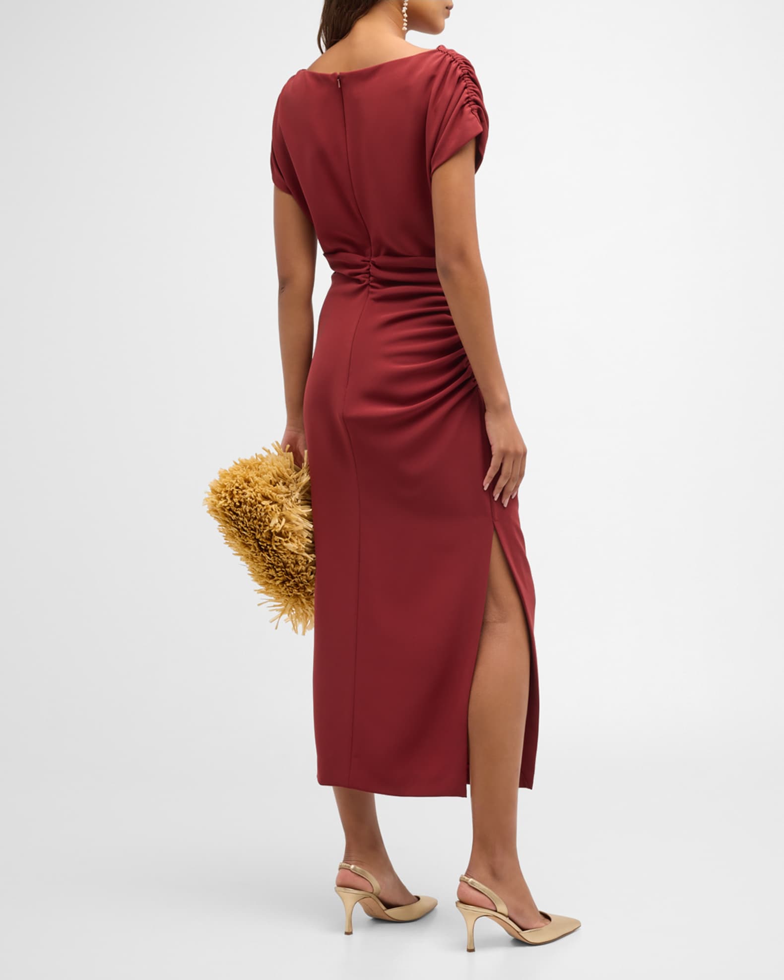Lela Rose High Neck Short Sleeve Ruched Midi Dress Neiman Marcus