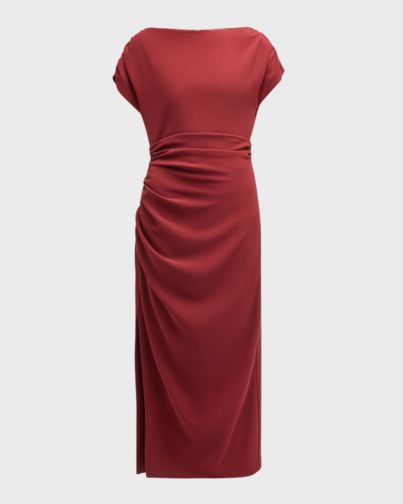 High Neck Short Sleeve Ruched Midi Dress
