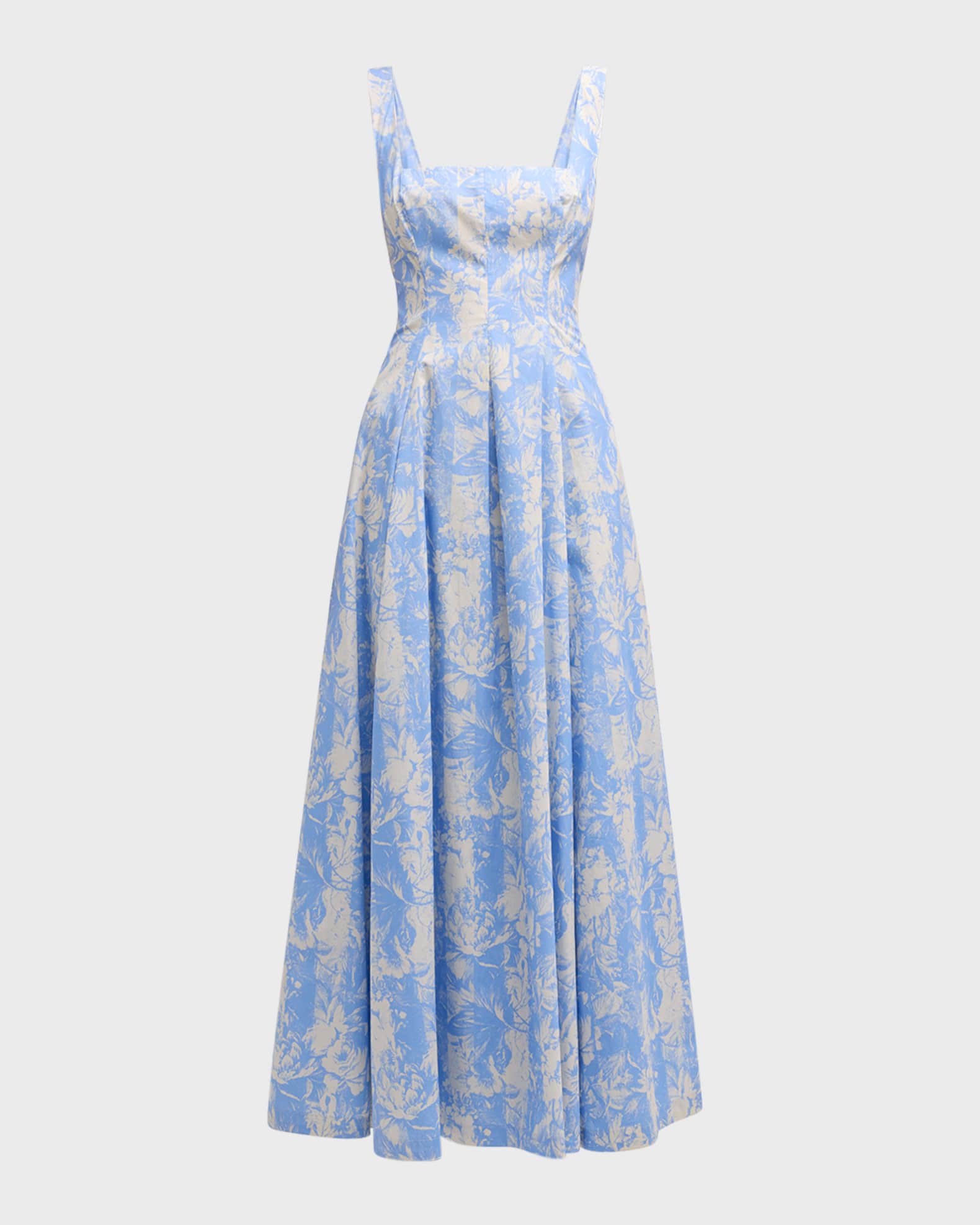 Square Neck Striped Flower Print Sleeveless Maxi Dress