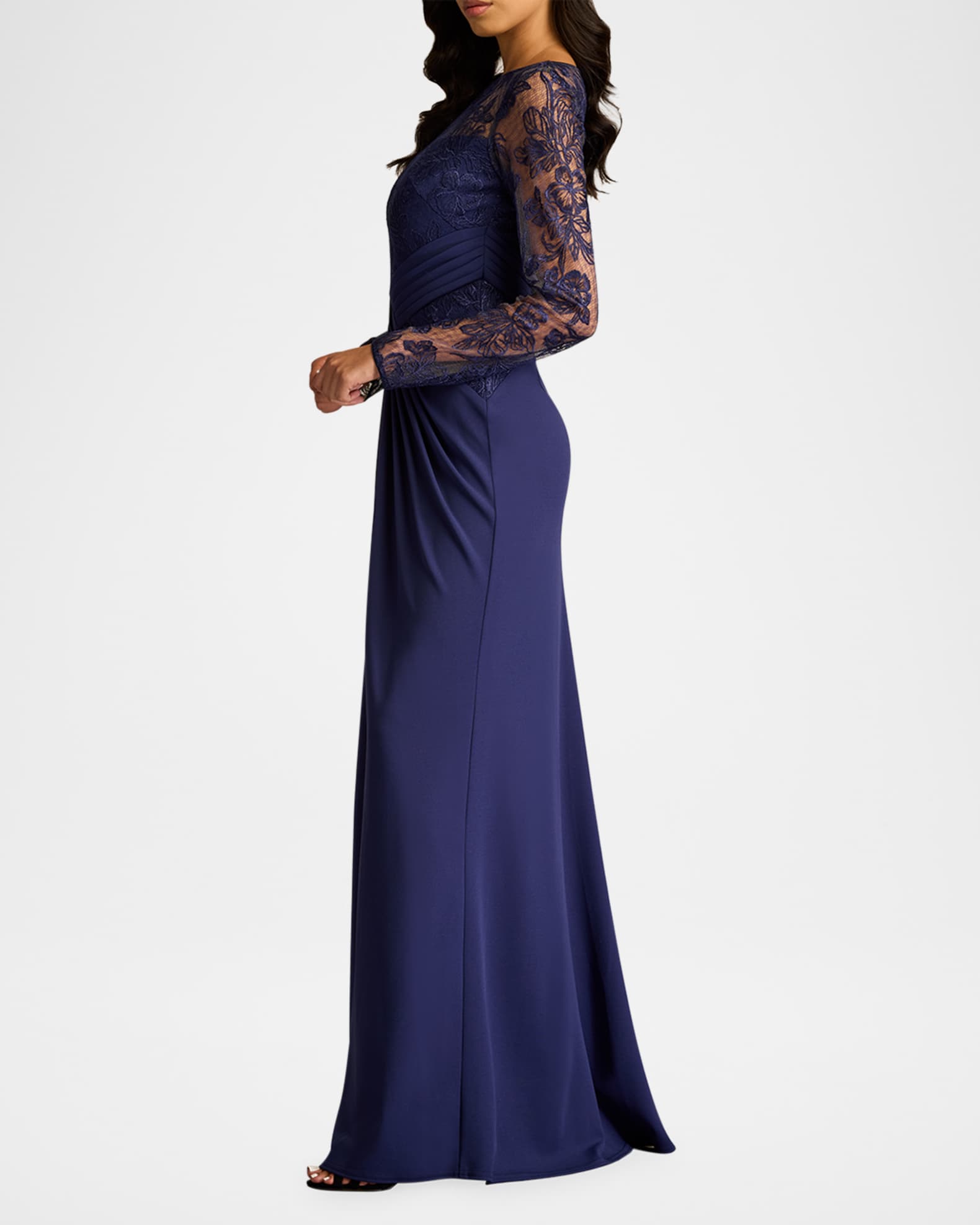 Tadashi Shoji Pleated Crepe & Embroidered Lace Gown | Neiman