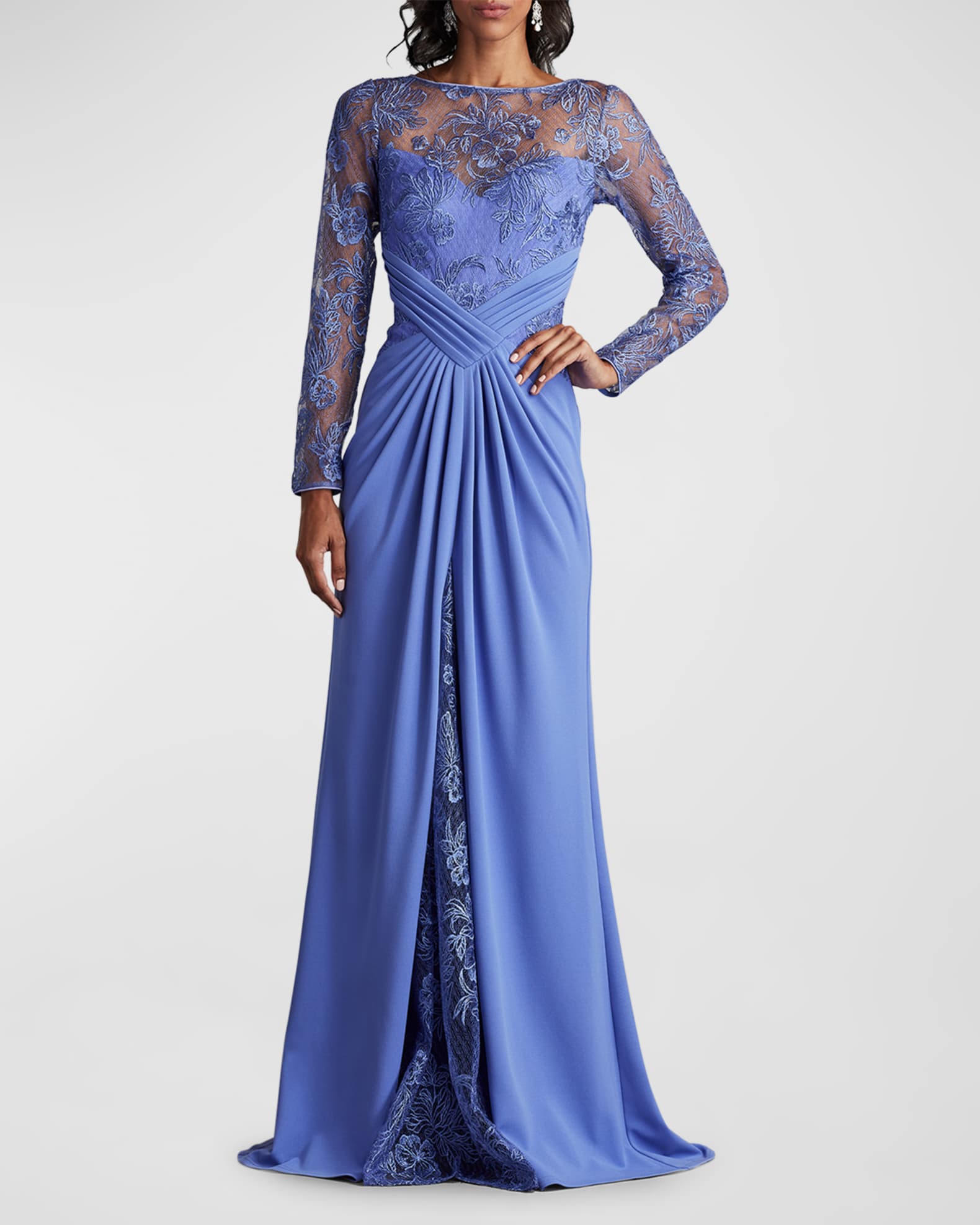 Pleated Crepe u0026 Embroidered Lace Gown