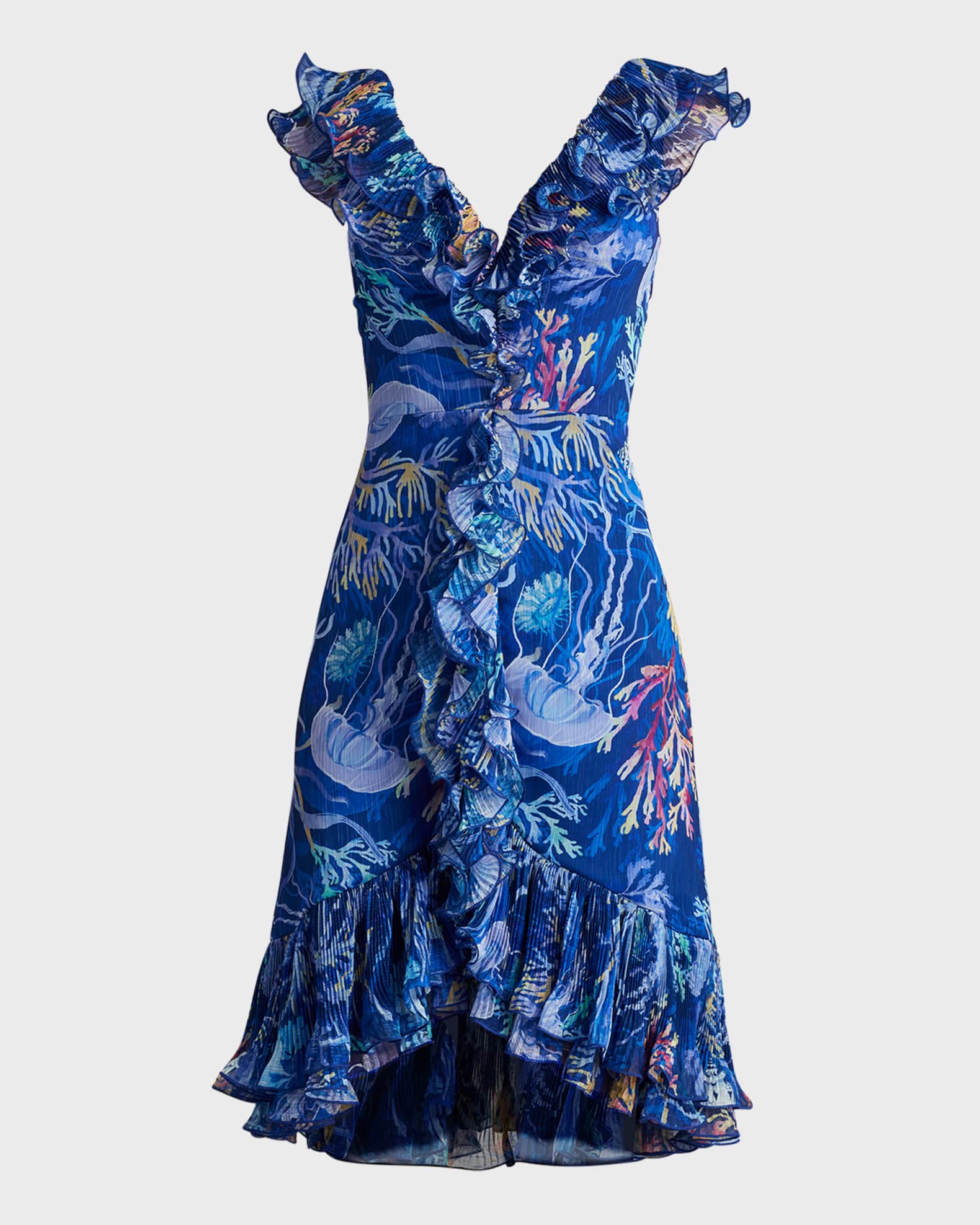 Sleeveless Printed High-Low Ruffle Midi Dress