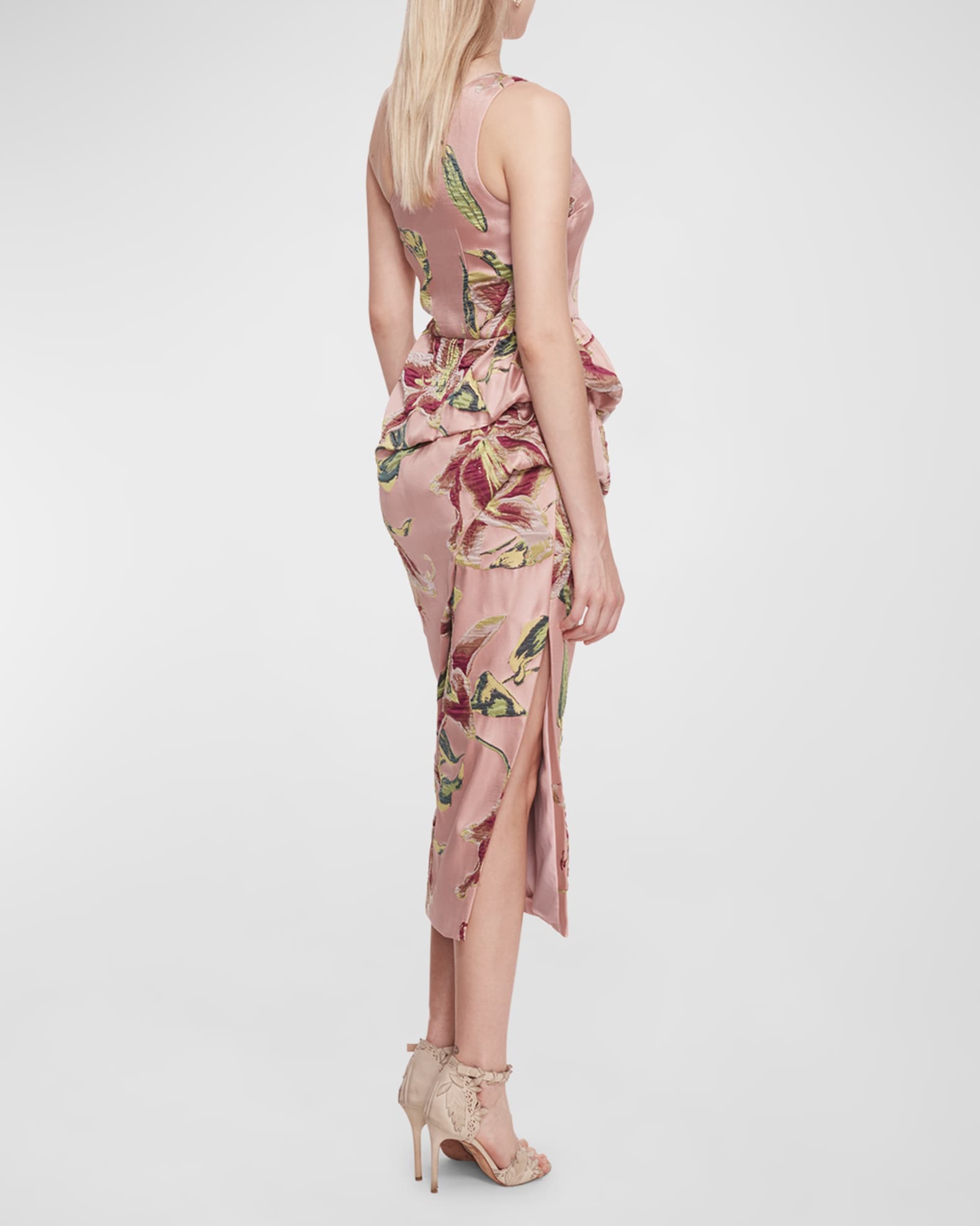 Marchesa Notte Draped One-Shoulder Floral Jacquard Midi Dress | Neiman ...