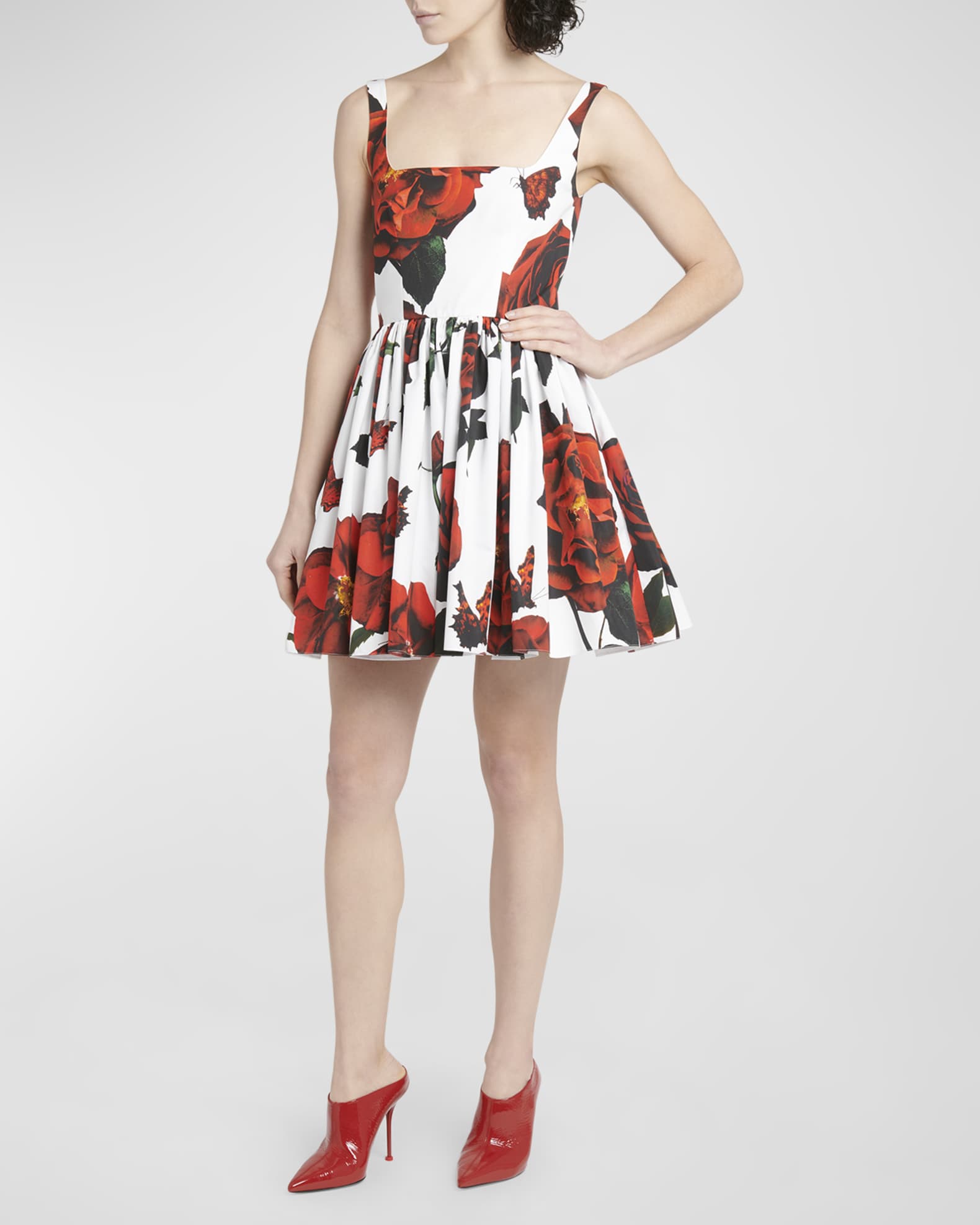 Alexander McQueen Poplin Rose Print Flared Mini Dress | Neiman Marcus