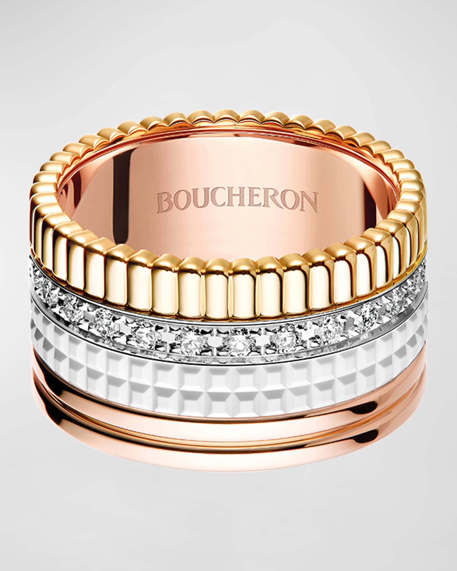 Quatre Large Ring in Tricolor Gold with White Ceramic and Diamonds, Size 54 0