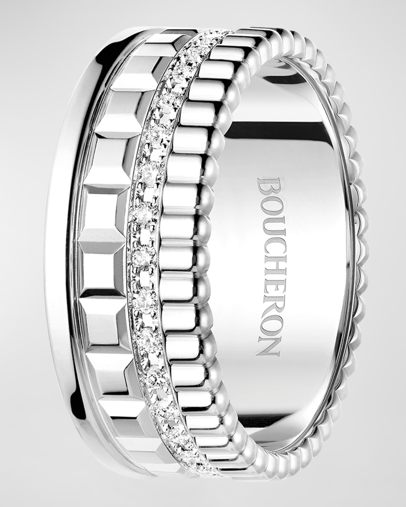 Quatre Radiant 18K White Gold Band Ring with Diamonds, Size 52 1