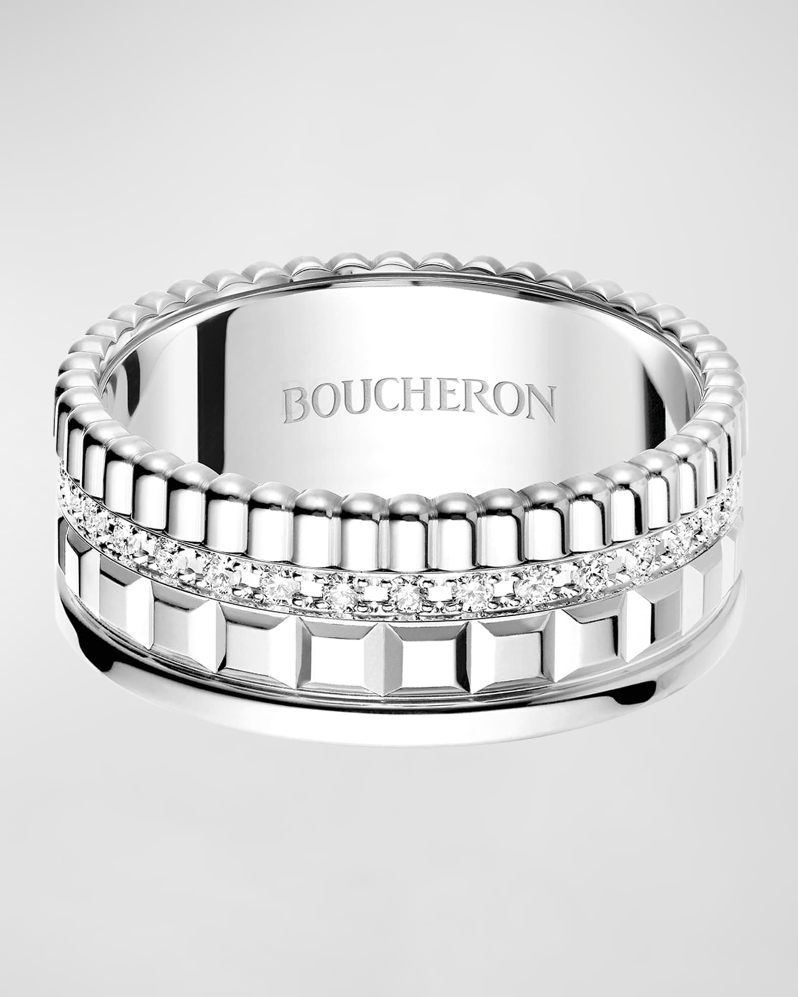 Quatre Radiant 18K White Gold Band Ring with Diamonds, Size 52 0