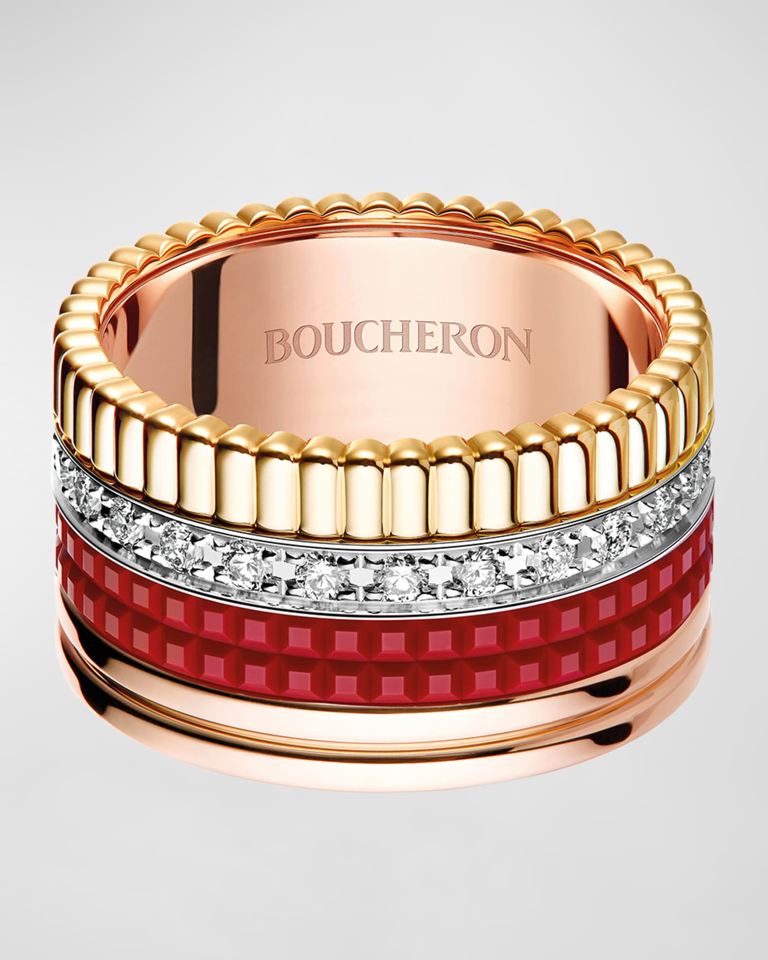 Boucheron Quatre 18K Tricolor Gold Ceramic Large Ring | Neiman Marcus