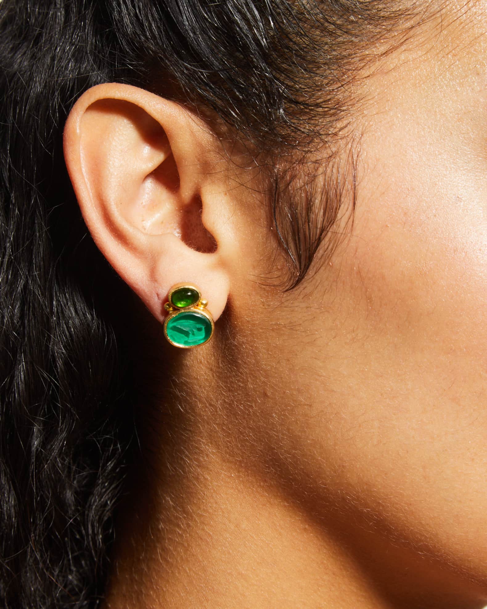 19K Yellow Gold Stud Earrings with Tiny Bird and Butterfly Cabochons 1