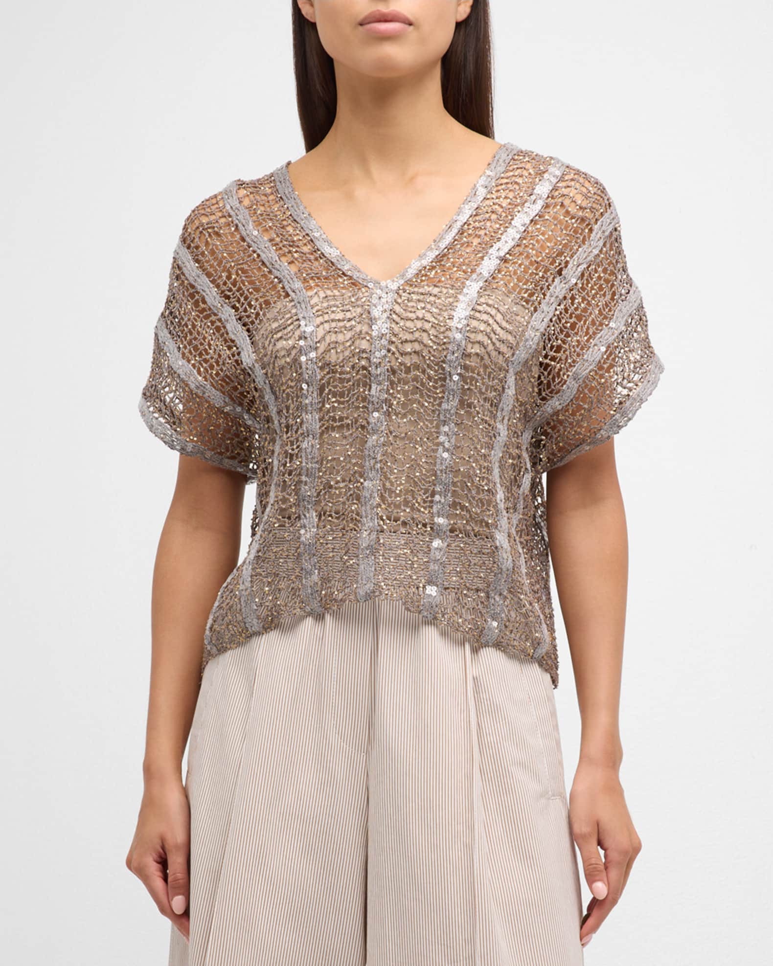 Brunello Cucinelli Raffia Net Embroidered Knit Sweater