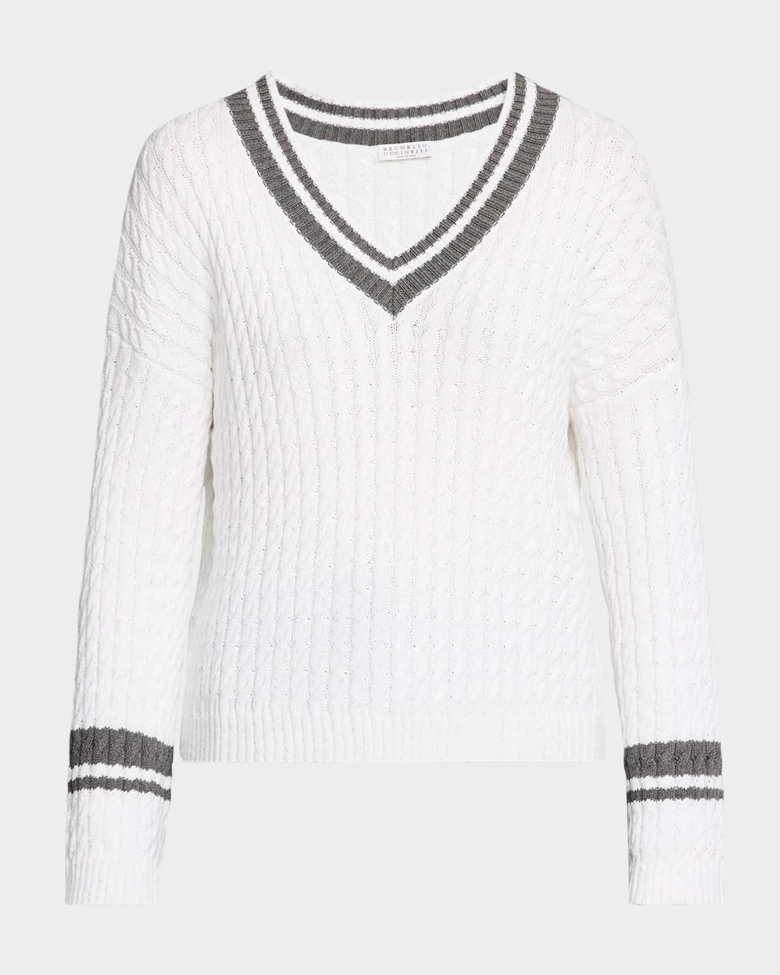 Brunello Cucinelli Tennis Stripe Diamante Cable-Knit Sweater