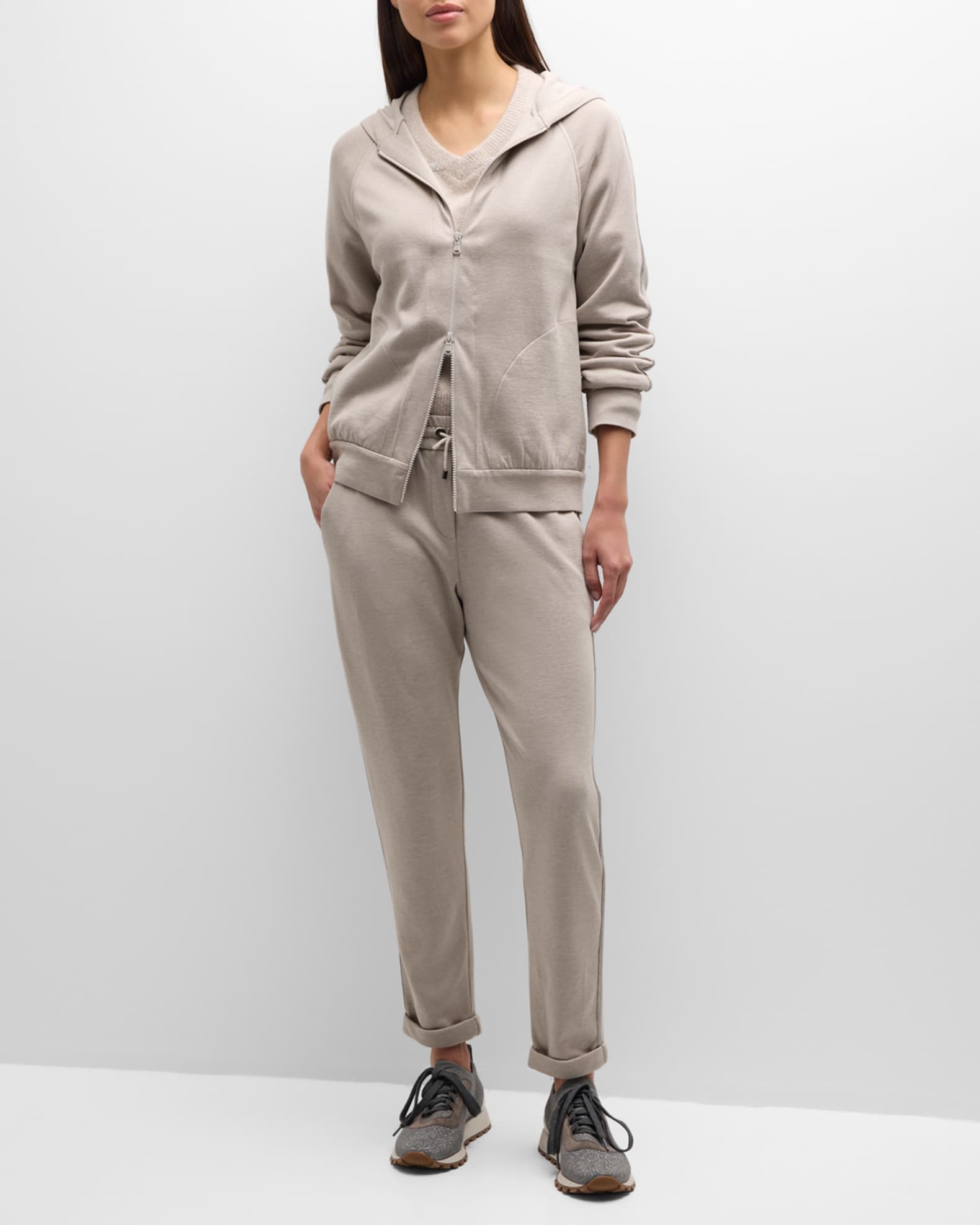 Monili-Trim Cotton-Silk Zip Hoodie 1