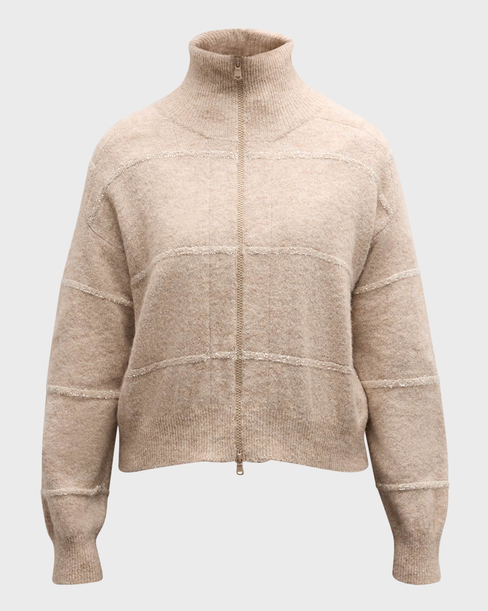 Brunello Cucinelli Horizontal Paillette Striped Alpaca Knit Zip
