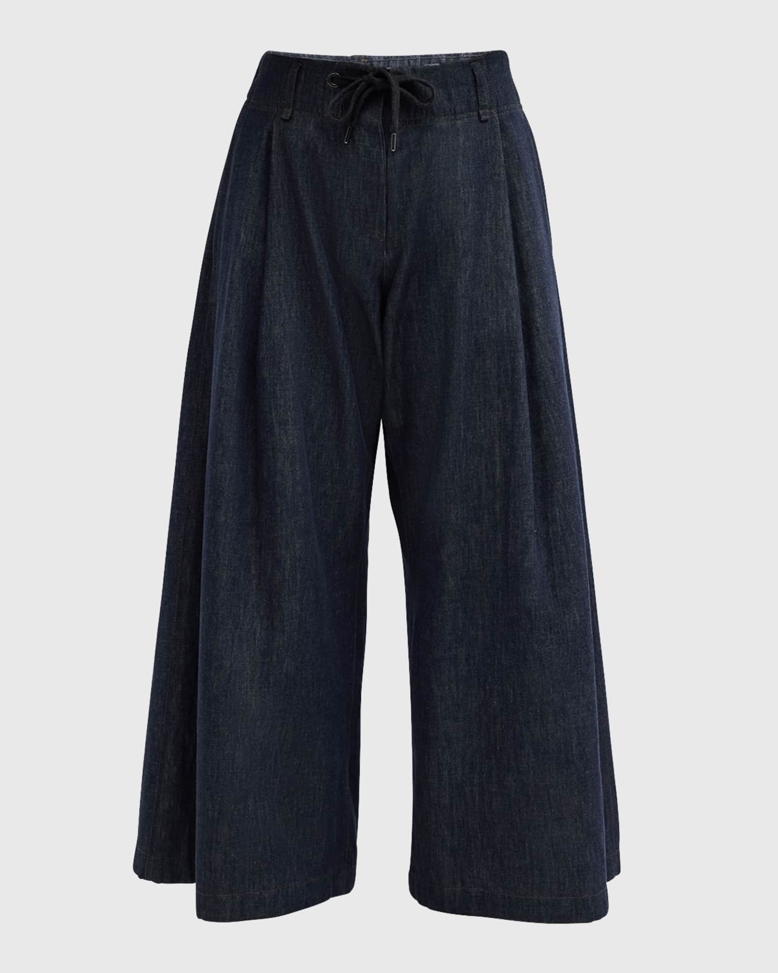Brunello Cucinelli Pleated Denim Wide-Leg Crop Pull-On Pants Brunello Cucinelli Pleated Denim Wide-Leg Crop Pull-On Pants