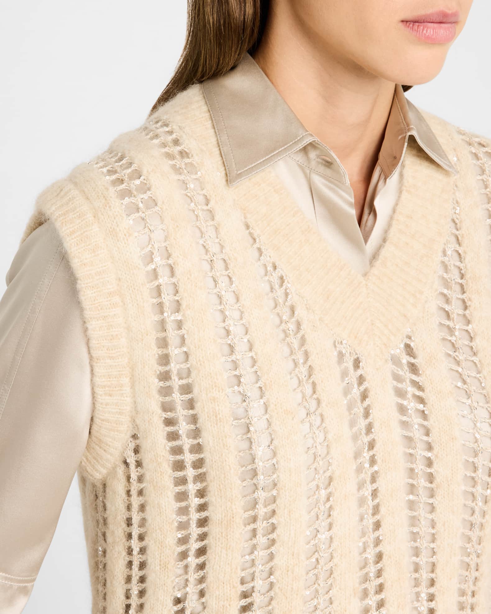 Brunello Cucinelli Paillette Lattice 3D Rib Knit Vest | Neiman Marcus