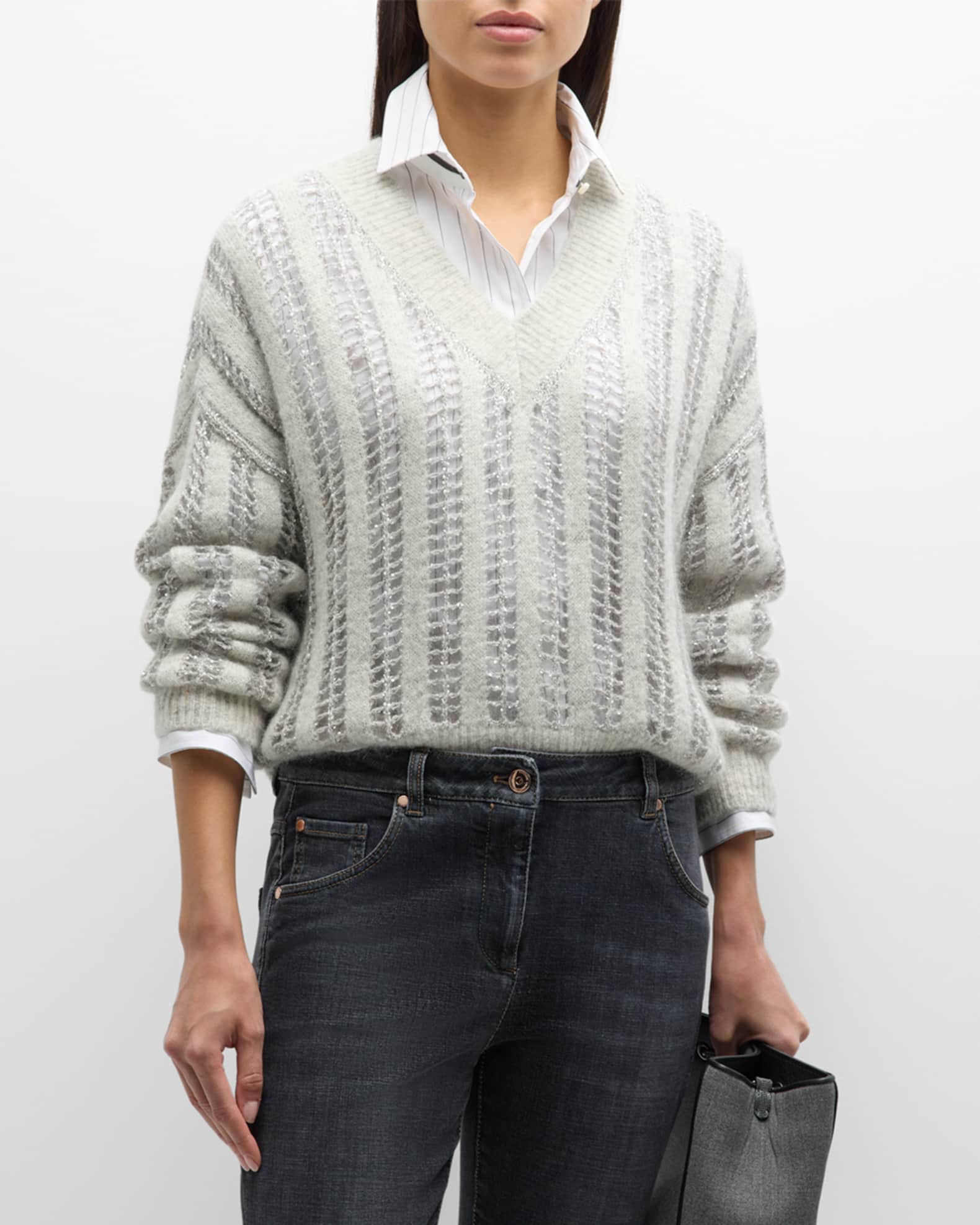Mohair Wool Lattice Knit Sweater with Paillette Detail  1